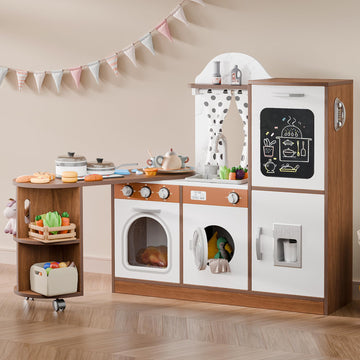 Wooden Corner Play Kitchen With 180 Rotating Design, Kids Kitchen Playset With Interactive Lights & Sounds, Toddler Kitchen Set