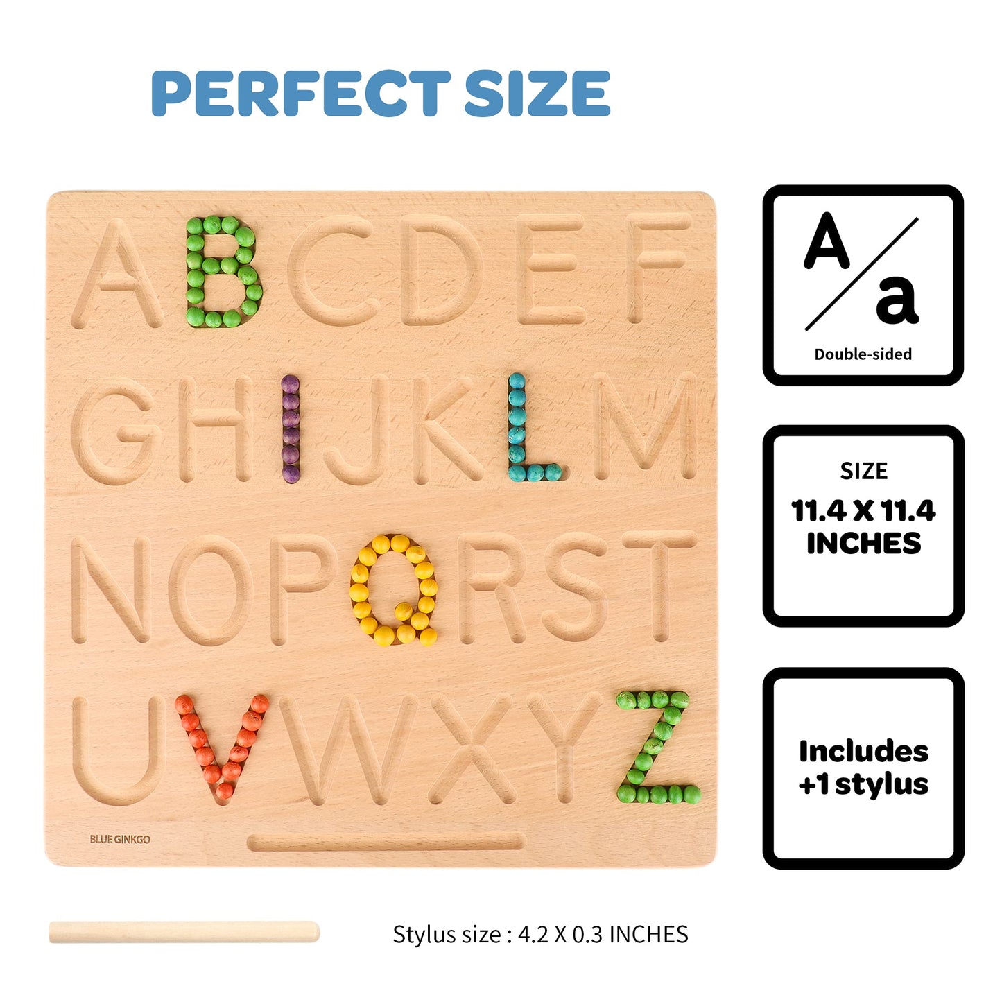 Blue Ginkgo Alphabet Tracing Board – Double-Sided Wooden Montessori Letter Board For Preschool And Toddler Learning, Uppercase And Lowercase Letters (11.4 X 11.4 Inches)