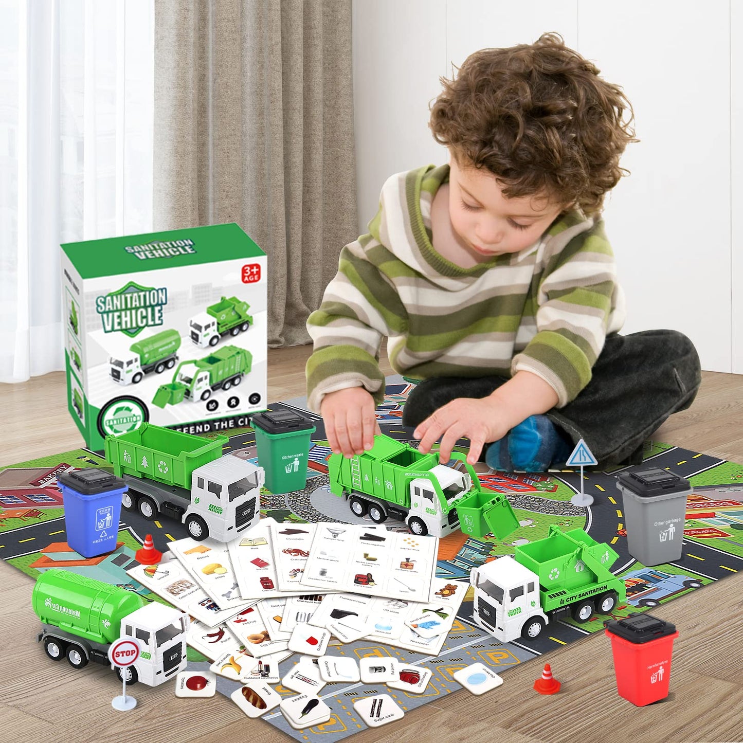 FIVEDAOGANG Small Garbage Truck Toy, 4 pcs Friction Powered Trash Truck Toys with Kids Playmat Car Rug, 8 pcs Roadblock Signpost