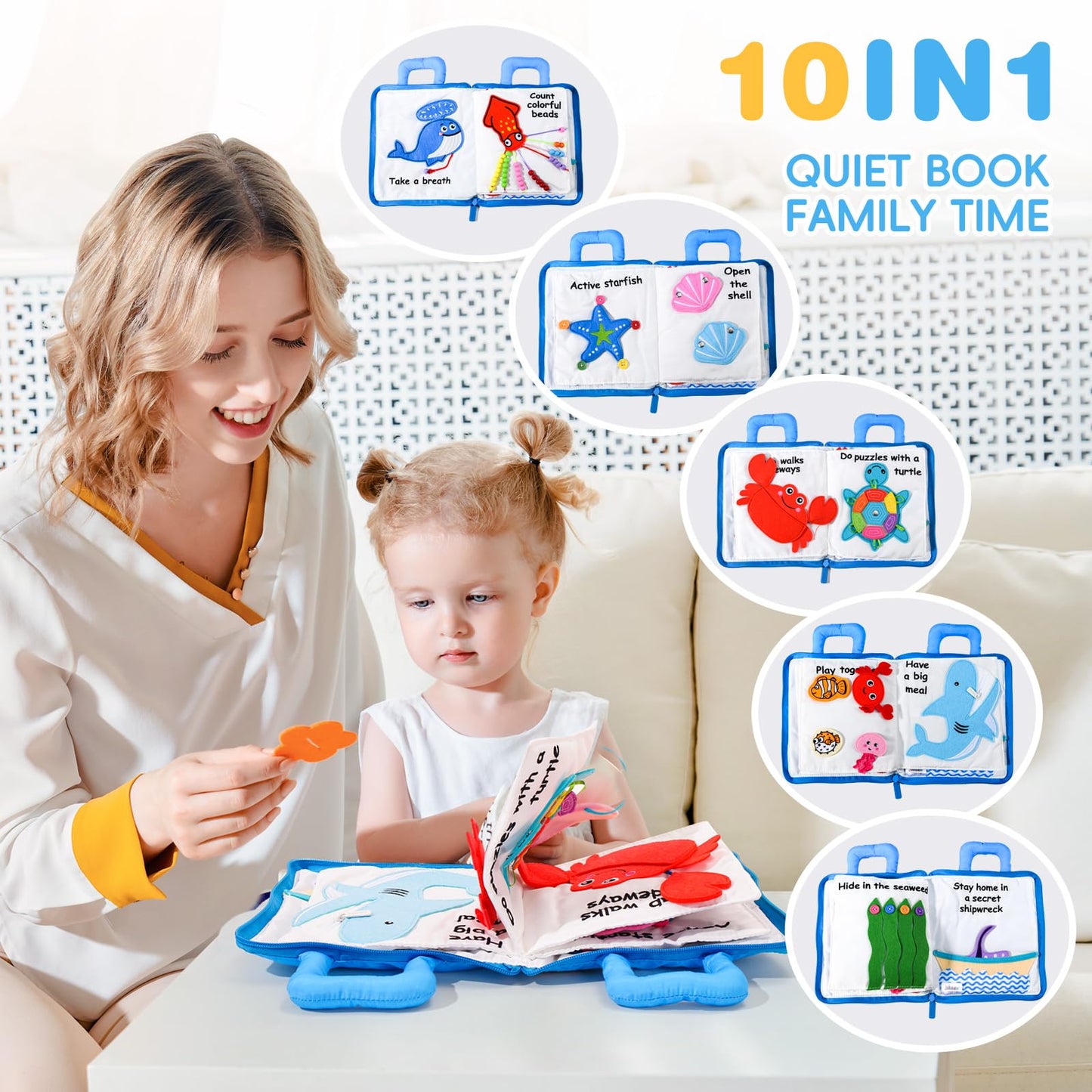 Jollybaby Quiet Book For Toddlers - Montessori Basic Skills Activity Toys - Preschool Learning Soft Travel Toy & Sensory Educational Busy Book For 1-3 Year Old Boys & Girls + Zipper Bag(Wathet)