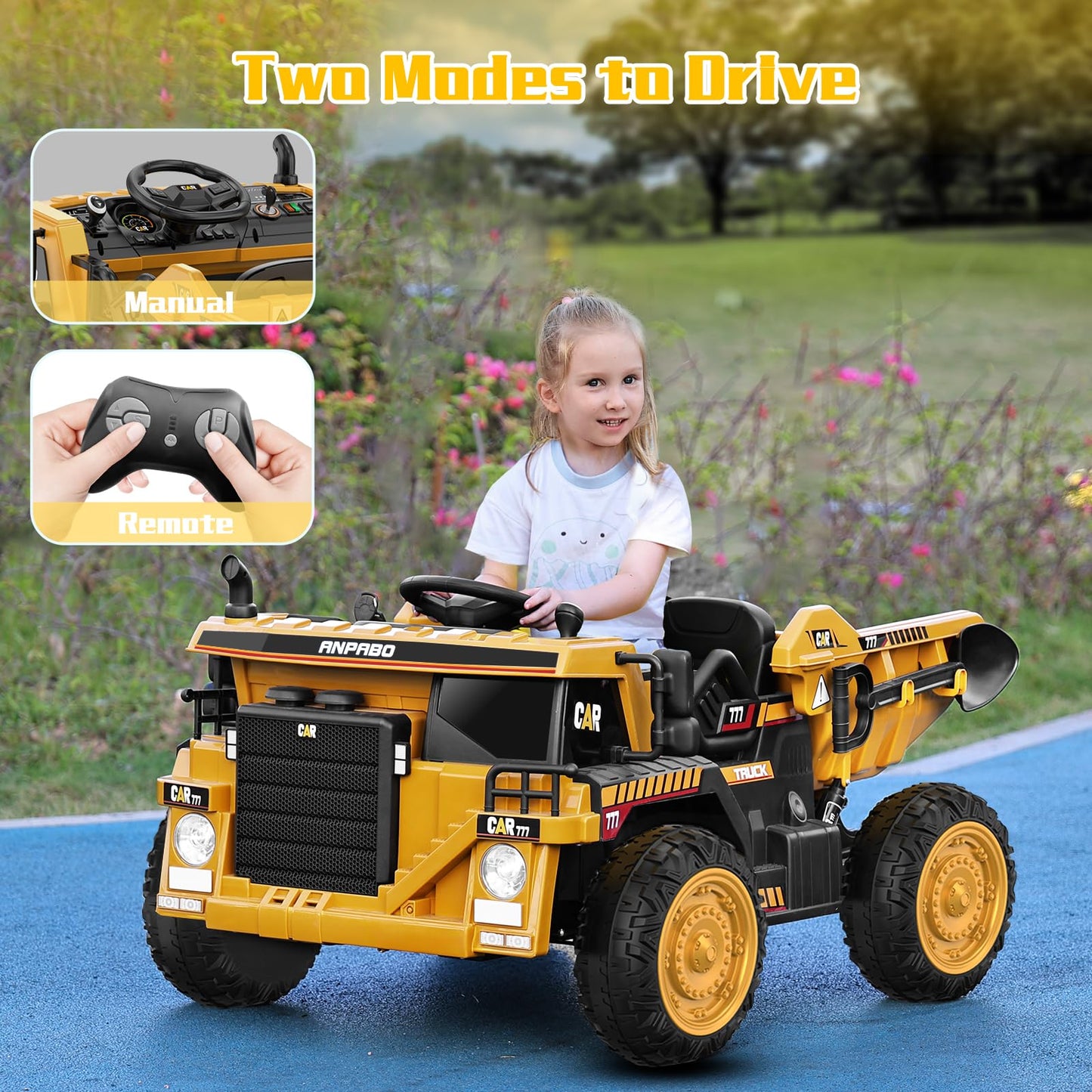 ANPABO Ride on Dump Truck, 12V Ride on Car with Remote Control, Electric Dump Bed and Extra Shovel, Ride on Construction Vehicle