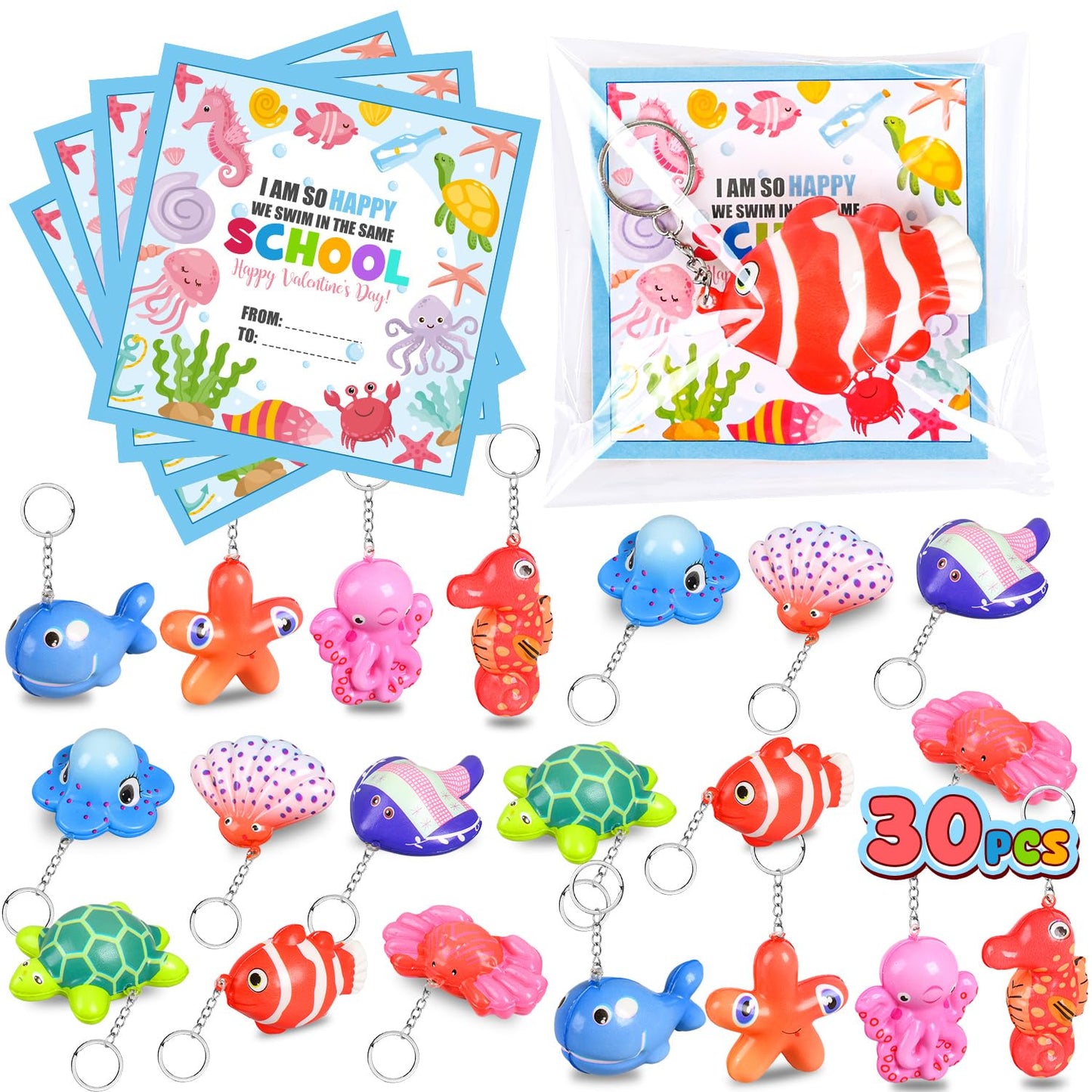 Movinpe Valentines Day Exchange Gifts For Kids Classroom School, 30 Packs Gift Cards With Cute Slow-Rising Squishies Toys Keycha
