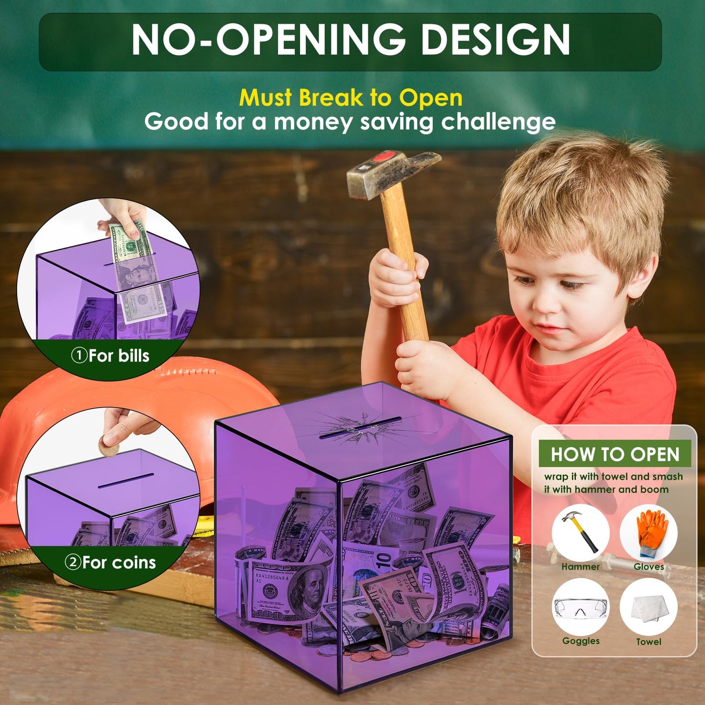 Piggy Bank for mature-themeds Must Break to Open  Vcertcpl Acrylic Clear Piggy Bank Money Saving Box for Cash Saving  Unopenable mature-themeds Bank for Real Money Bank Coin Bank Change Jar (Purple  15x15CM)