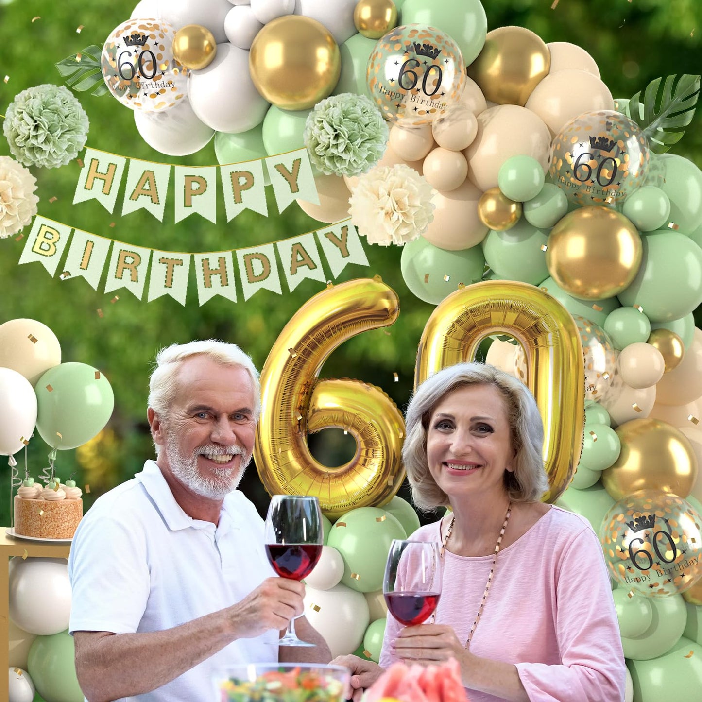 60Th Birthday Decorations Sage Green,60Th Birthday Balloon Garland Party Decorations With Number 60 Foil Balloons,Happy Birthday