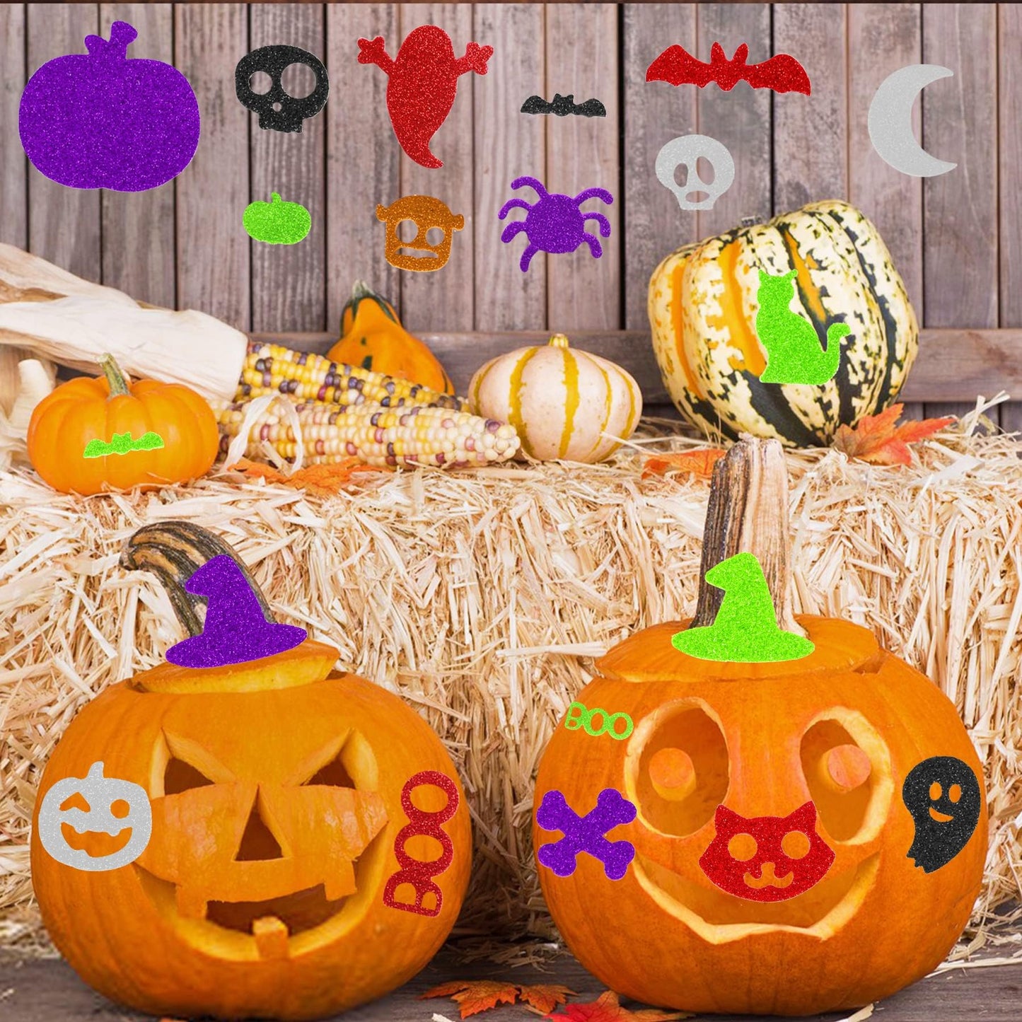 JULBEAR 300 Pieces Halloween Foam Stickers Glitter Self-Adhesive Pumpkin Spider Bat Craft Stickers for Kids Halloween Party Favo