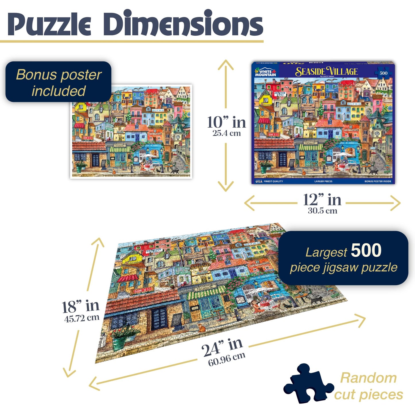 White Mountain 500 Piece Jigsaw Puzzle - Seaside Village, Italy, Engineered Wood, Blue & White, Model 1776pz