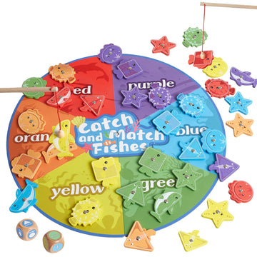 Wooden Montessori Fishing Game for Toddlers, Fine Motor Skill Toy for Kids, Color Sorting Shape Recognition Preschool Educationa