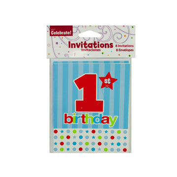 8 pack First 1st Birthday Party Invitation Cars
