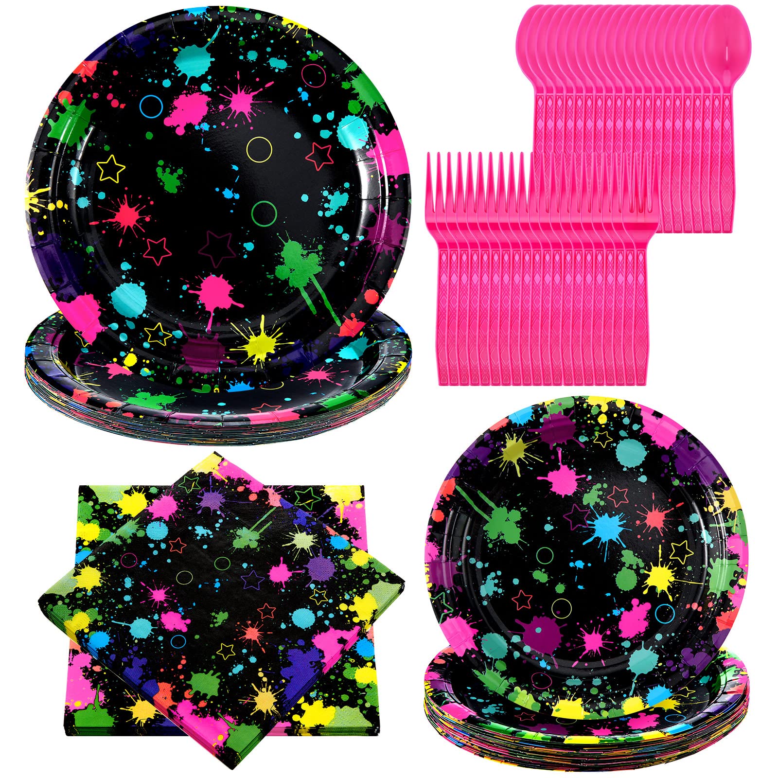 Spiareal 100 Pcs Glow Party Supplies Neon Party Plates Napkins Tableware Neon Glow Birthday Colorful Graffiti Party Decoration F