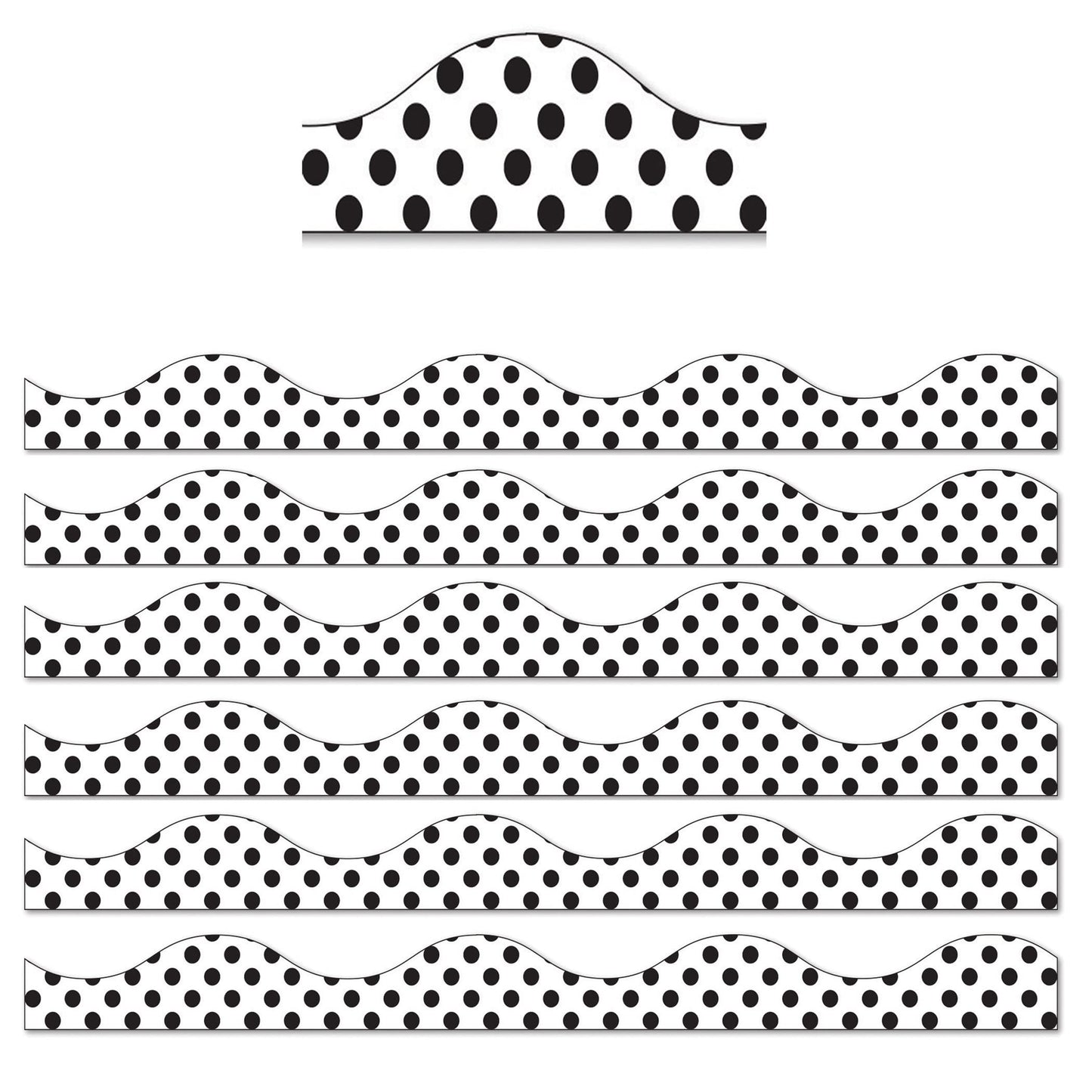 Ashley Productions Magnetic Scallop Border, Large Black Polka Dots On White, 12 Feet Per Pack, 6 Packs