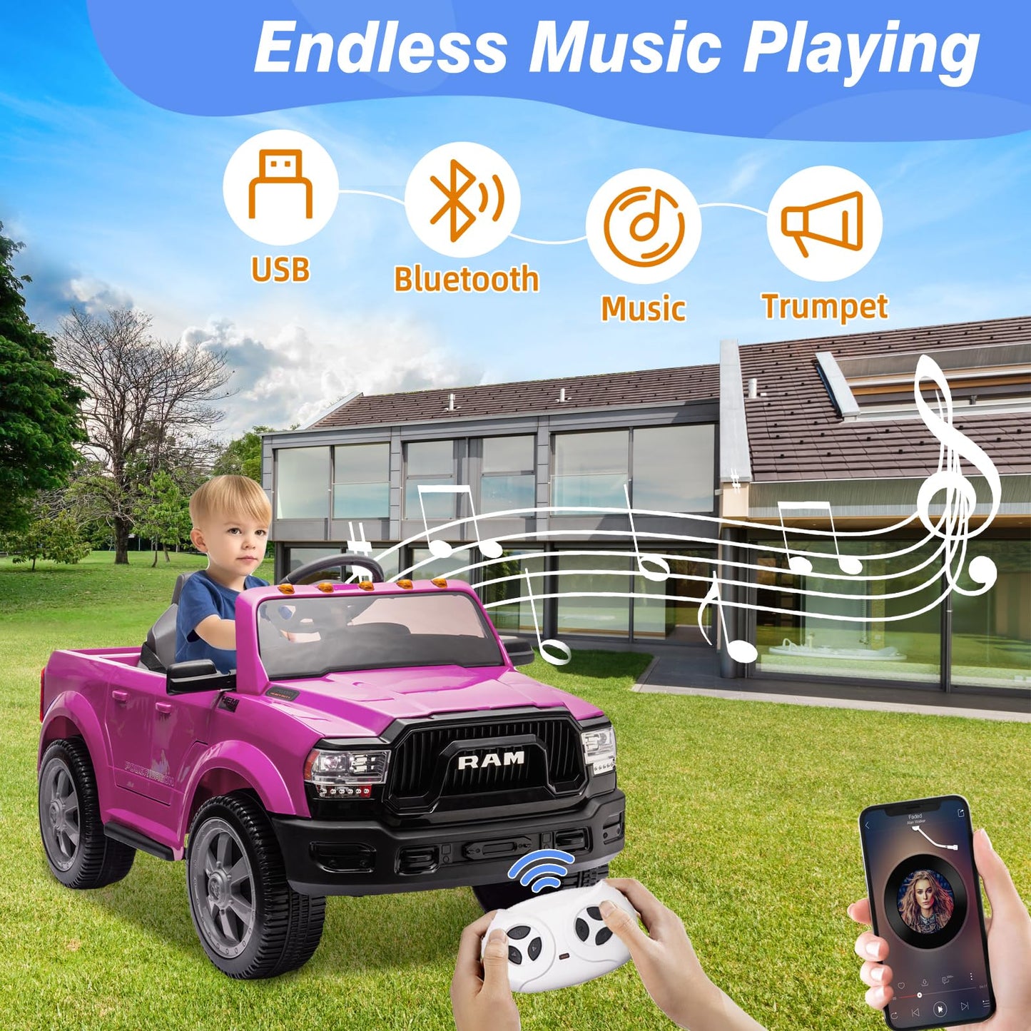12V Ride On Toys For Kids 4-8, Licensed Ram 2500, Electric Car For Kids, With Remote Control, Led Light/Music/Mp3, Back Storage