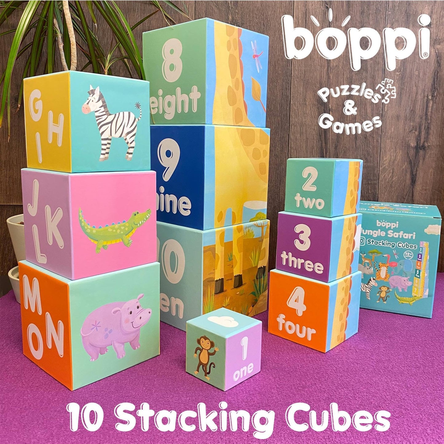Boppi Baby Stacking Blocks Jungle Safari Animal Toys With Letters And Numbers, Montessori Cubes For Toddlers, Preschool Learning