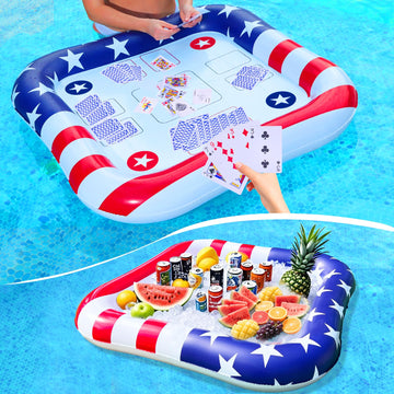 2 in 1 Patriotic Inflatable Ice Serving Trays Cooler & mature-themed Pool Game Table Include Waterproof Playing Cards for 4th of July Party  Large Floating Game Table Food Drink Holder Cooler Pool Accessories
