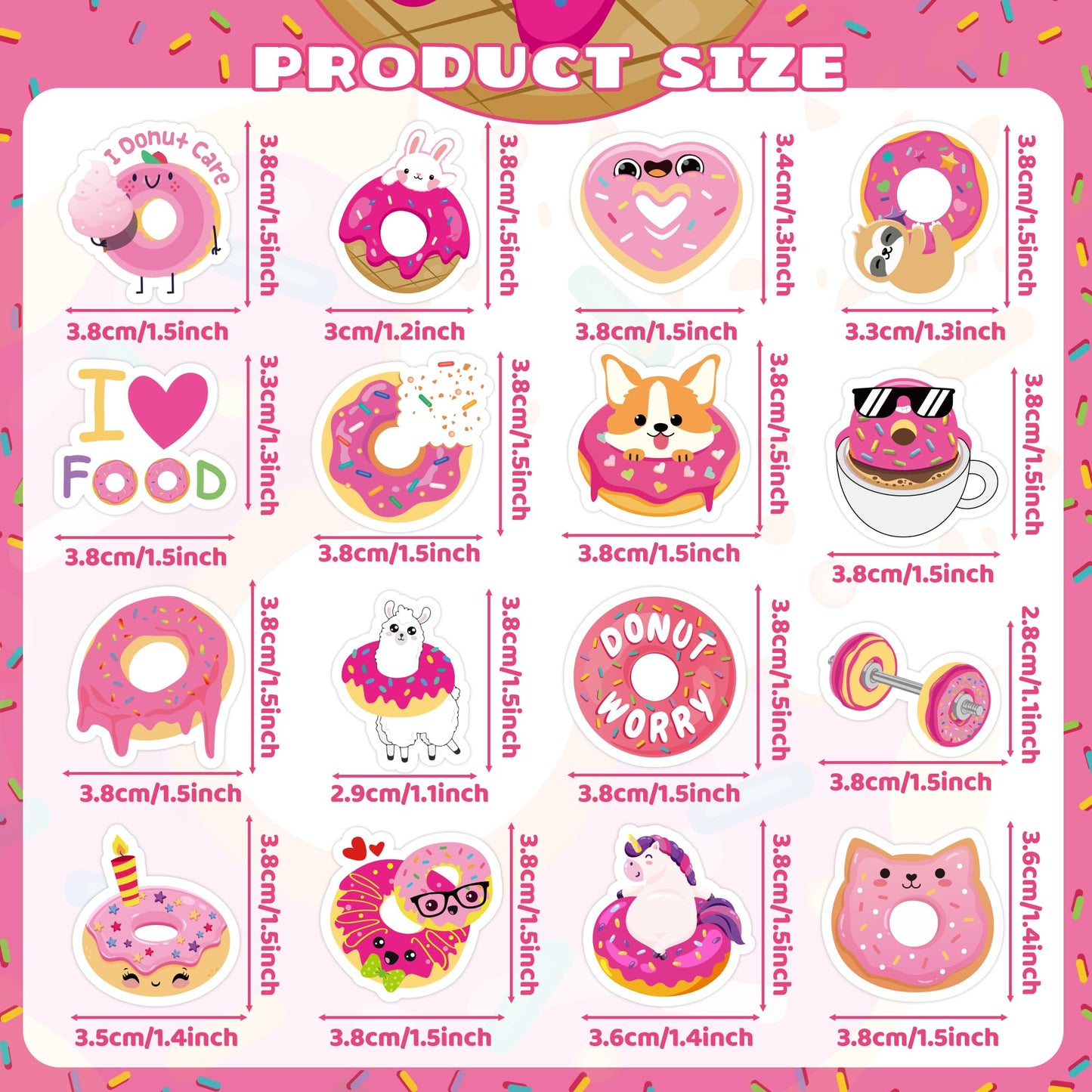 Beyumi Pink Donut Sticker Roll - 1000Pcs Donut Stickers In 2 Rolls Waterproof Vinyl Sweets Themed Cute Snack Dessert Decals For Gift Laptop Bottle Scrapbooking Luggage Computer Envelope Decor For Kids