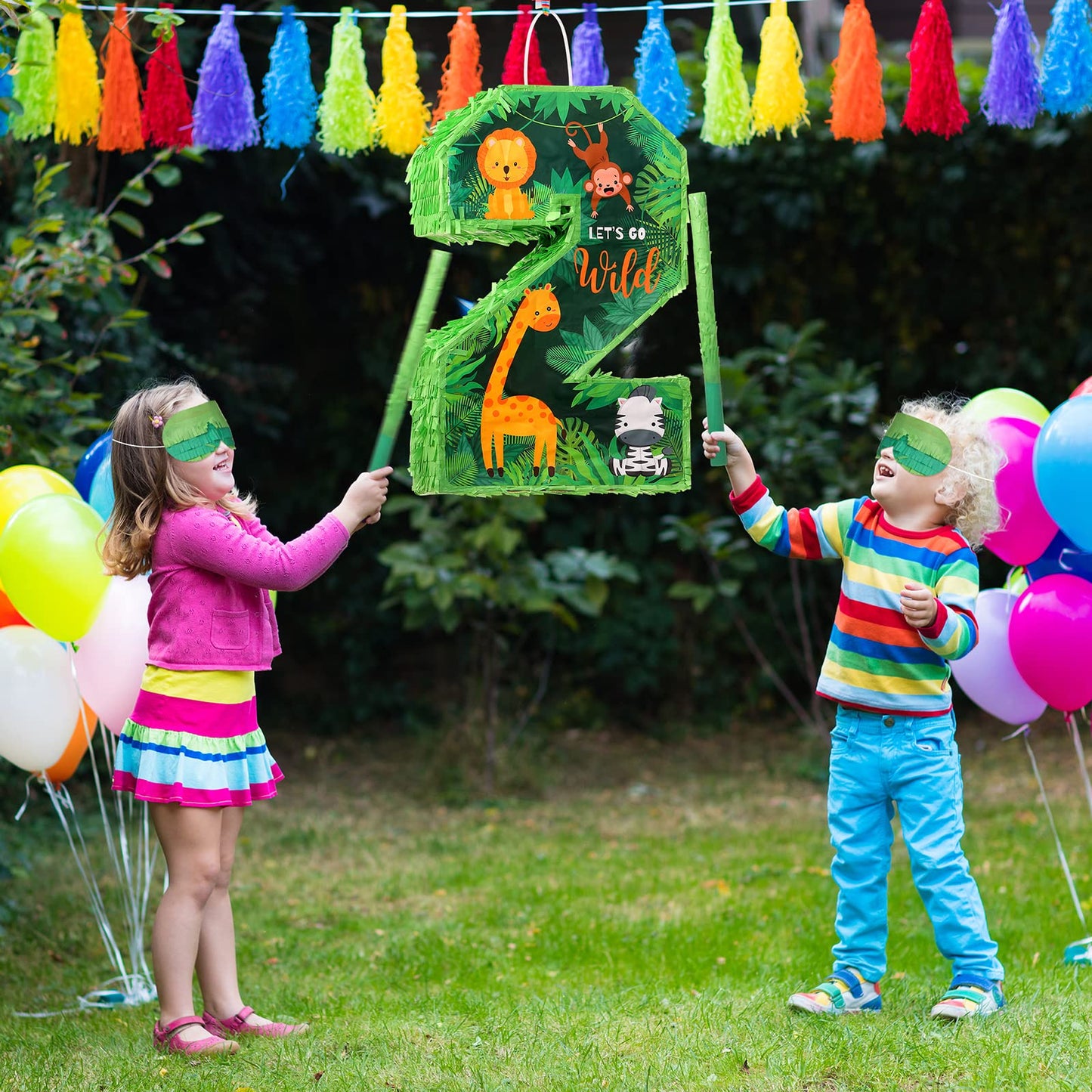 Jexine 3 Pcs 16 Inch Animal Number 2 Piata Jungle Animals Number Two Piata with Blindfold Bat and Confetti for Boy Zoo Themed 2n