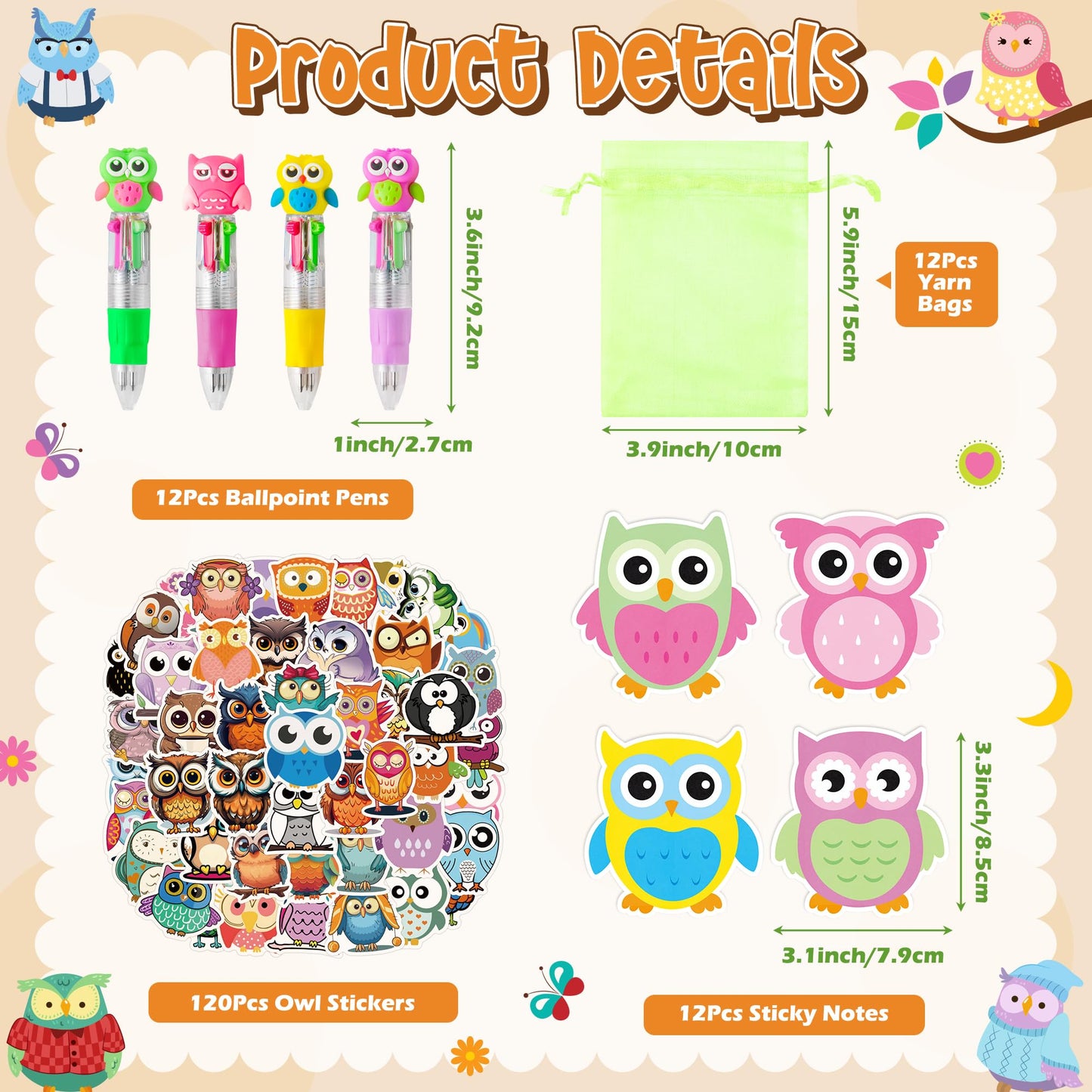 CY2SIDE Owl Stationery Party Gifts - 24 Pack Christmas Stuffers Prizes Set with Fun Animal 4-in-1 Ballpoint Pen Sticky Notes Sti