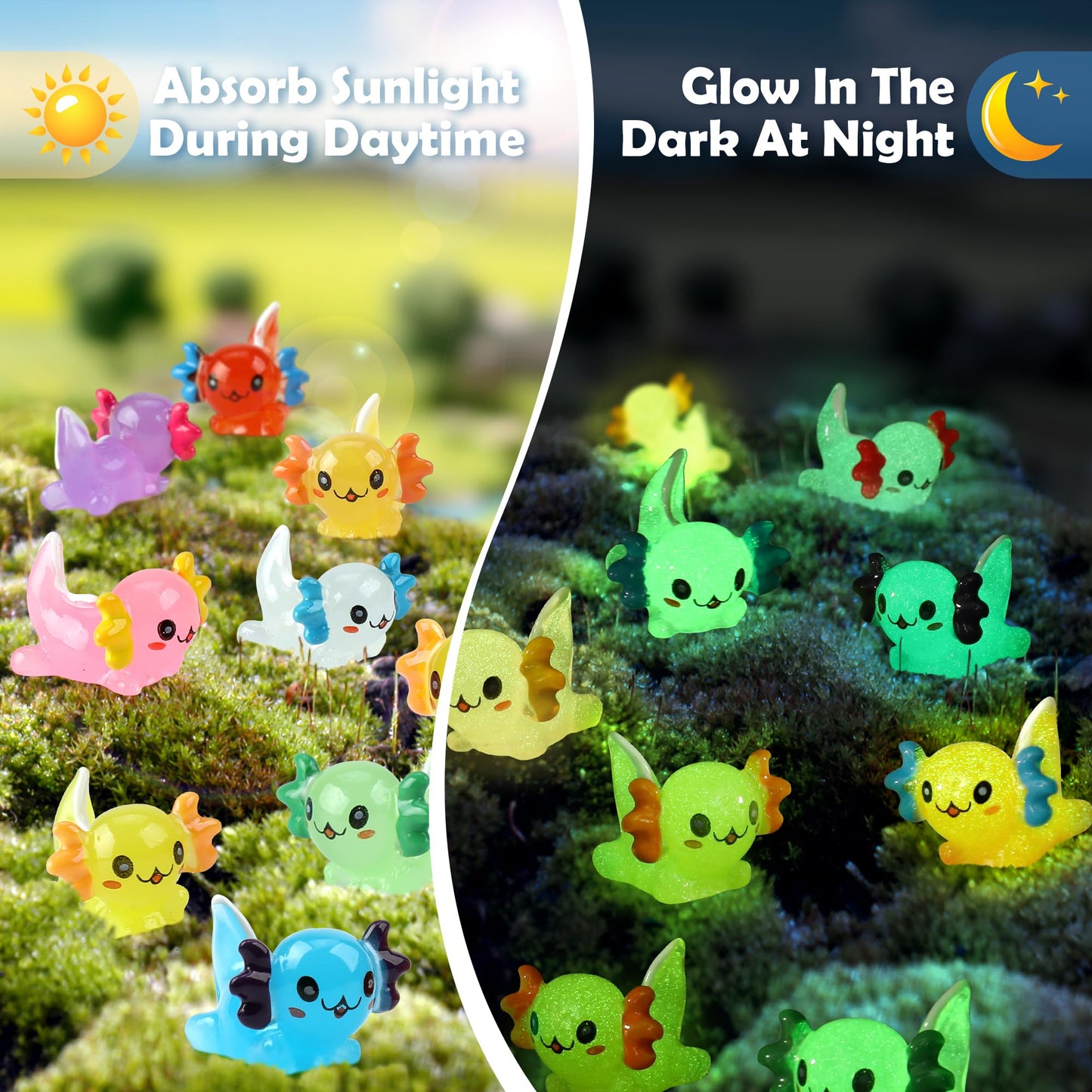 64 Pcs Luminous Mini Resin Axolotl 8 Colors Glow In The Dark Tiny Small Little Resin Axolot To Hide Plastic Animal Figures For G