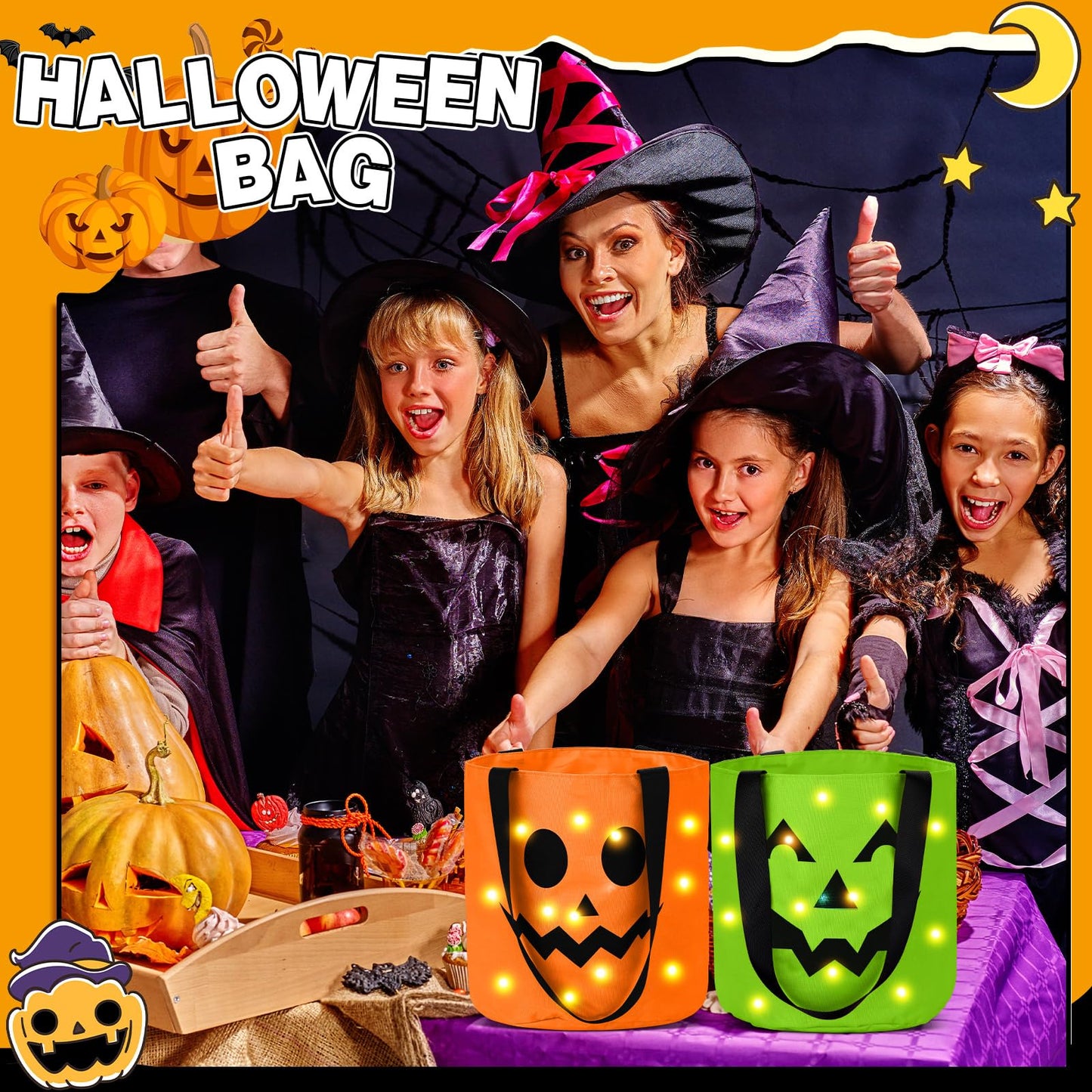Sadnyy 3 Pcs Halloween Trick or Treat Bags Light up for Kids Pumpkin Candy Bucket LED Halloween Treating Baskets Reusable Goody
