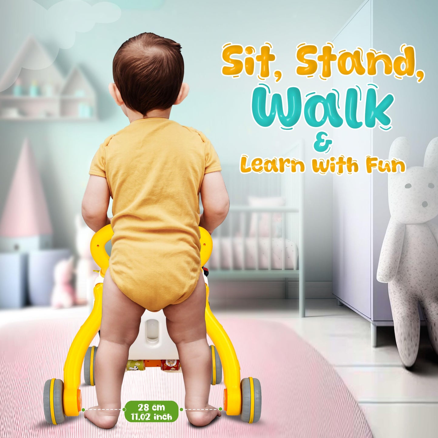 Yolay Baby Walker Push With Wheels, Sit-To-Stand Foldable Walker For Baby Boy And Girl 6-12 Months With Detachable Play Panel, S