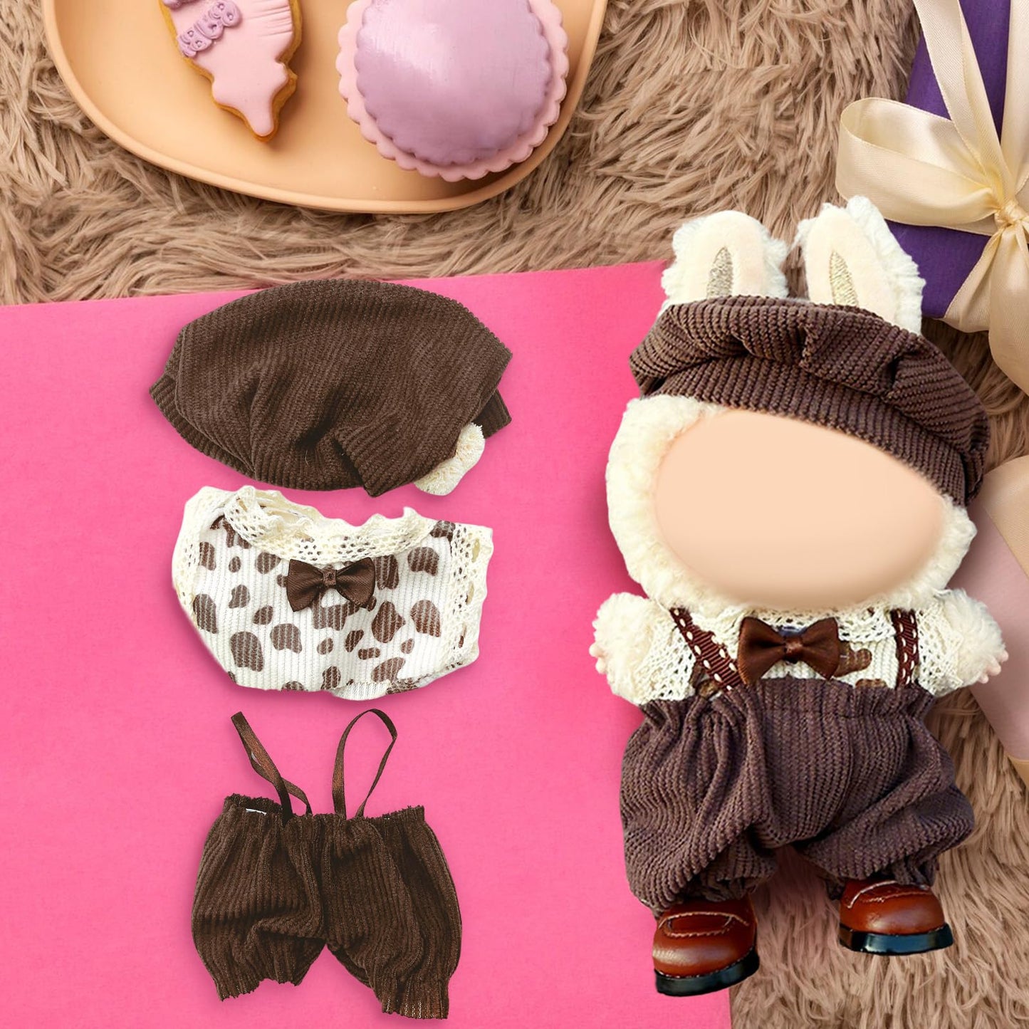 17cm Doll Clothes Labubu Clothes for 6.7inch(17cm) Dolls enhanced Doll Outfit with Hat and Accessories(Clothes Only)(Brown)