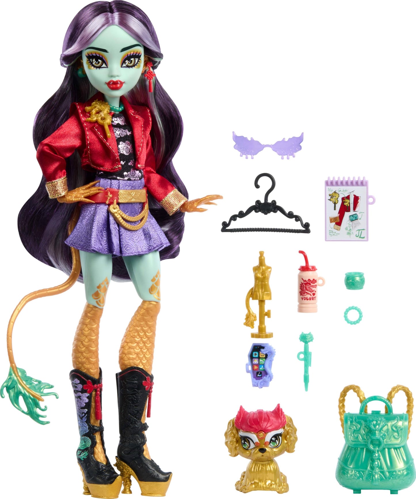 Monster High Jinafire Long Doll with Dragon, Pet Dog Cloudy, 7 Accessories, Multicolor, Model HYV58