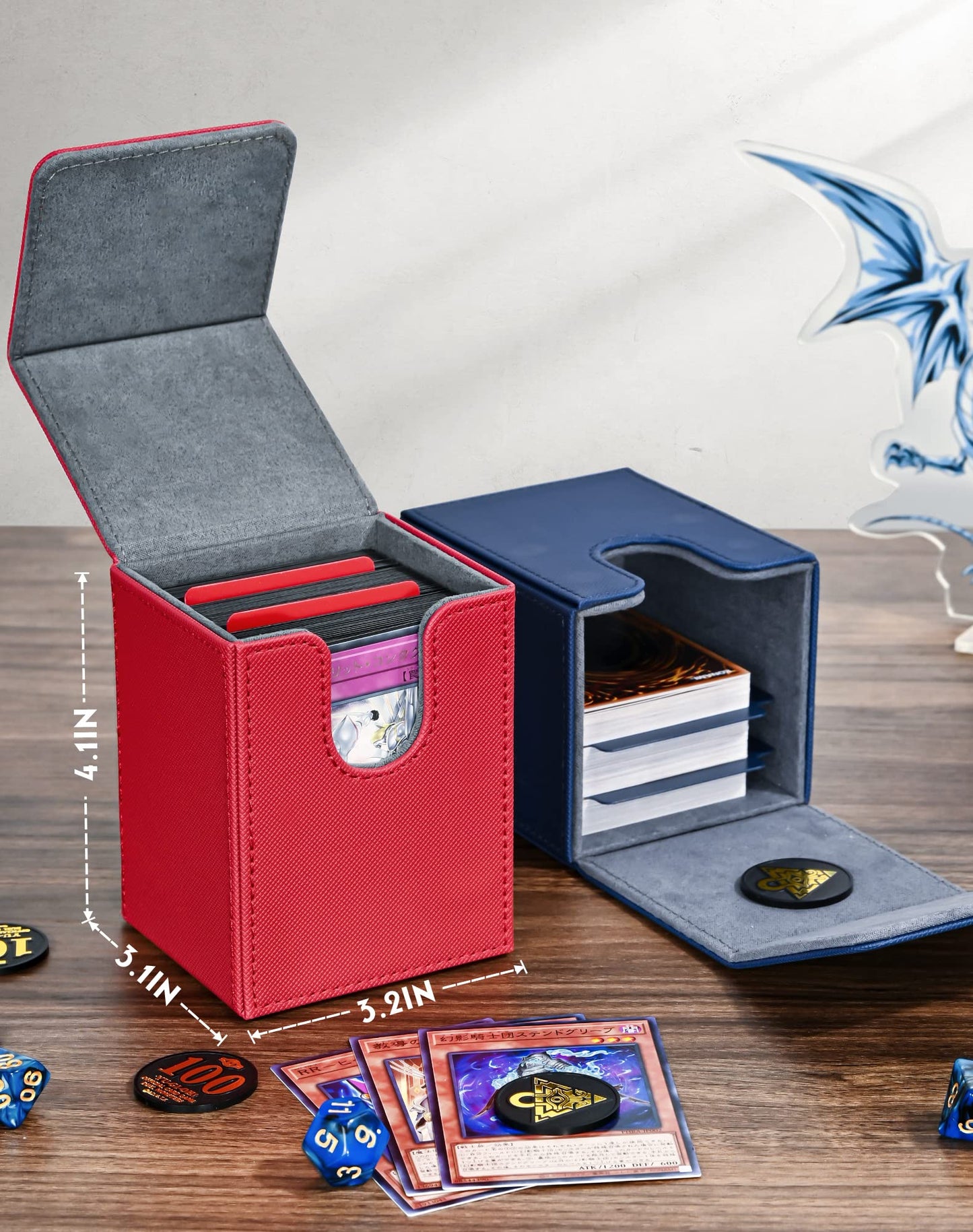 Uaono Card Deck Box For Yugioh Mtg Cards, 100+ Deck Case With 2 Dividers Fits Tcg Ccg, Pu Leather Card Storage Box Compatible With Collectible Trading Cards (Red, Sky Dragon)