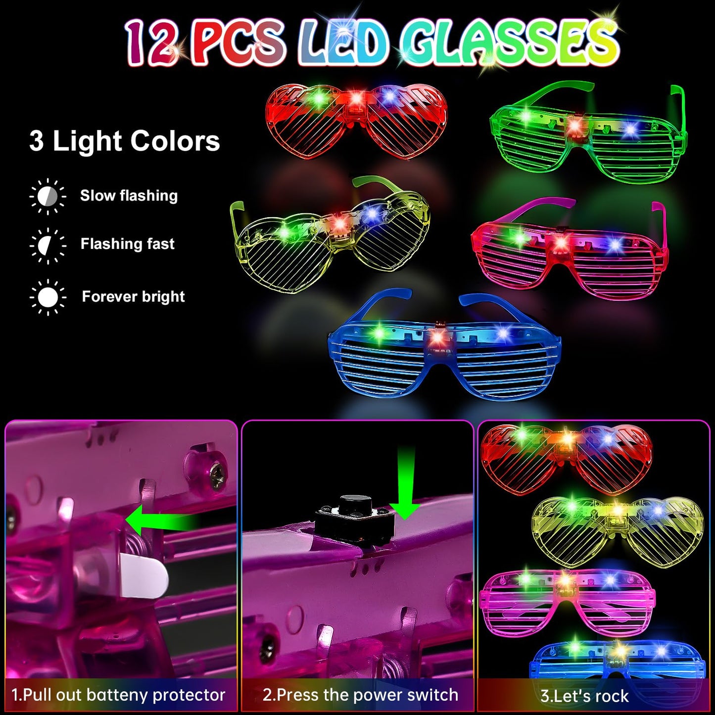 156 PCS Glow in the Dark Party Supplies, 12 Light Up Pop Tubes, 12 LED Glasses, 12 Light Up Headband, 20 Finger Lights and 100 G