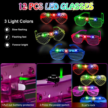 156 PCS Glow in the Dark Party Supplies, 12 Light Up Pop Tubes, 12 LED Glasses, 12 Light Up Headband, 20 Finger Lights and 100 G