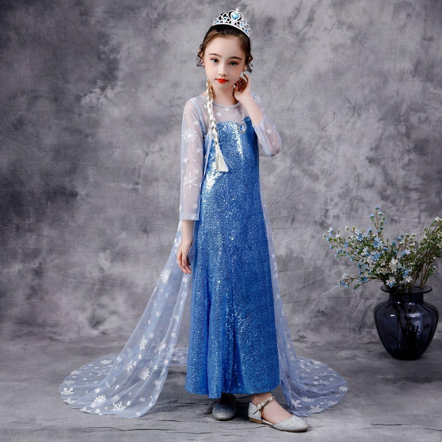 Sototoo Elsa Costume Long Sleeves Princess Dress Queen White Costume Cosplay Dress Up With Accessories Halloween (Navy,10-12Year