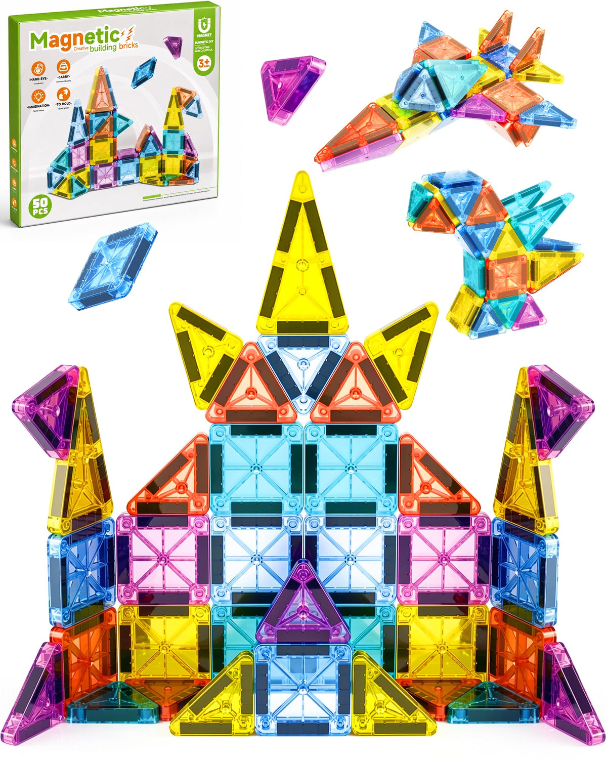 LADFAR 50 Piece Magnetic Tiles for Kids, STEM Toys Building Set, Age 3+