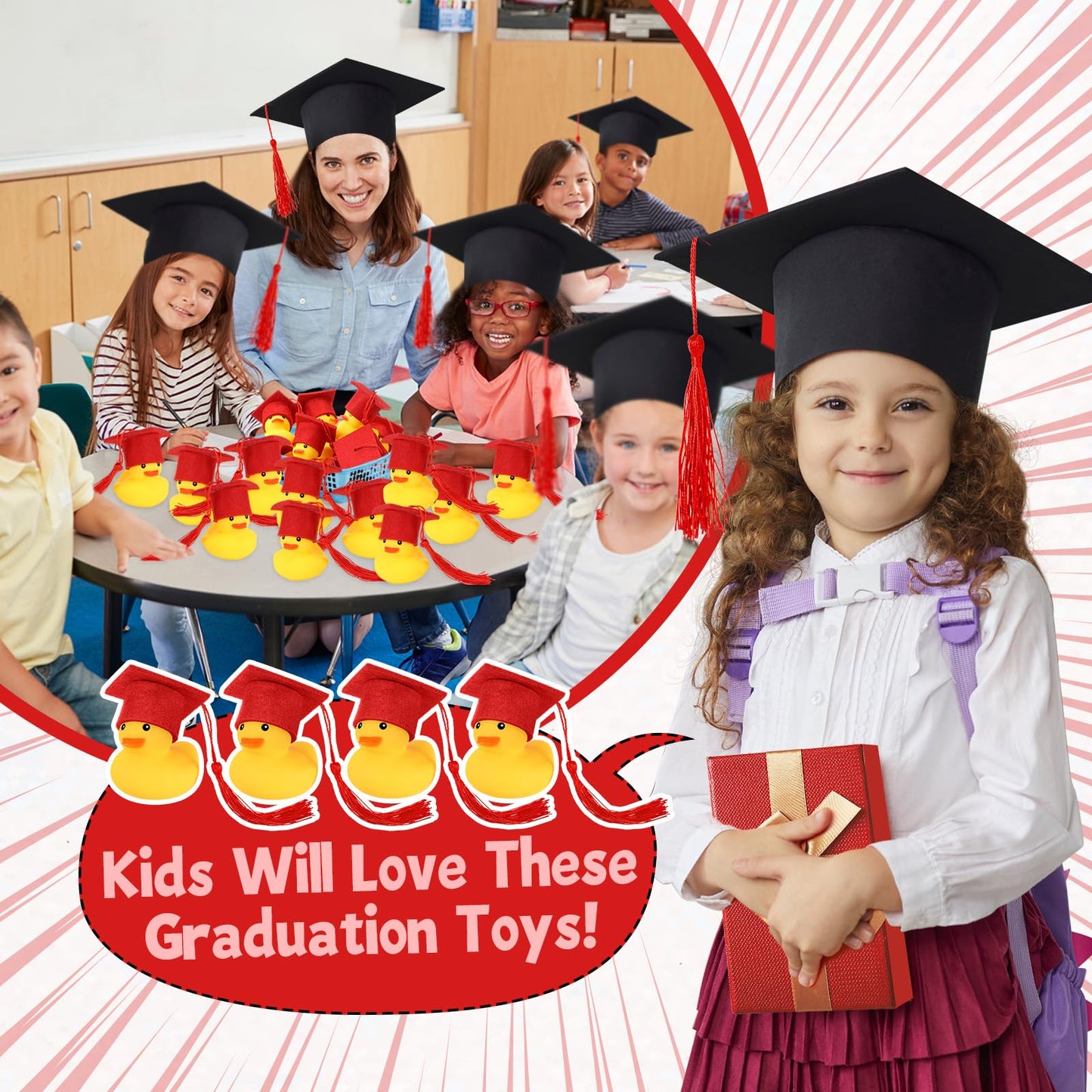 Jerify 48 Pcs Graduation Rubber Ducks with Grad Cap 2025 Diploma Grad Rubber Duck Graduation Party Bath Pool with Storage Bag fo