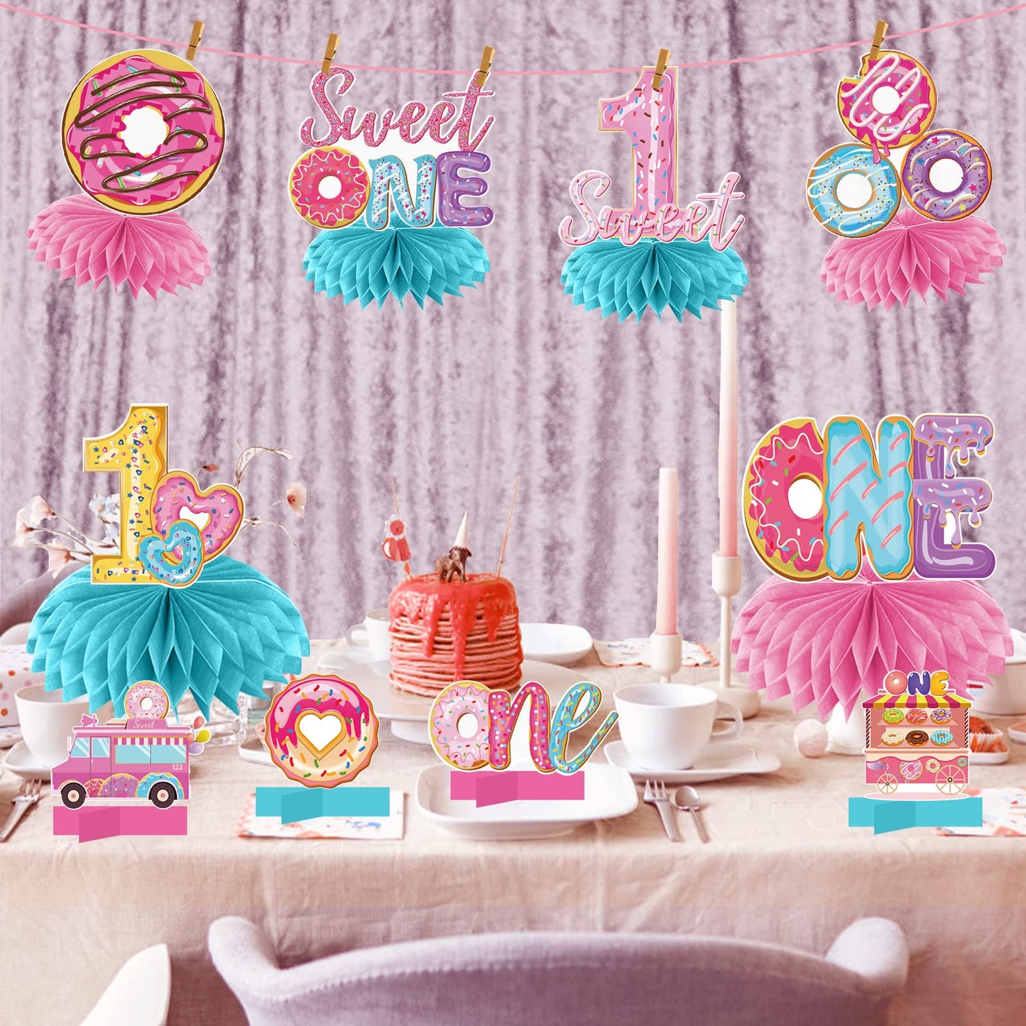 Aodocuto 10Pcs Donut 1St Birthday Honeycomb Centerpiece Party Decor For Baby Boy Girl, Sweet First Donut Birthday Table Centerpi