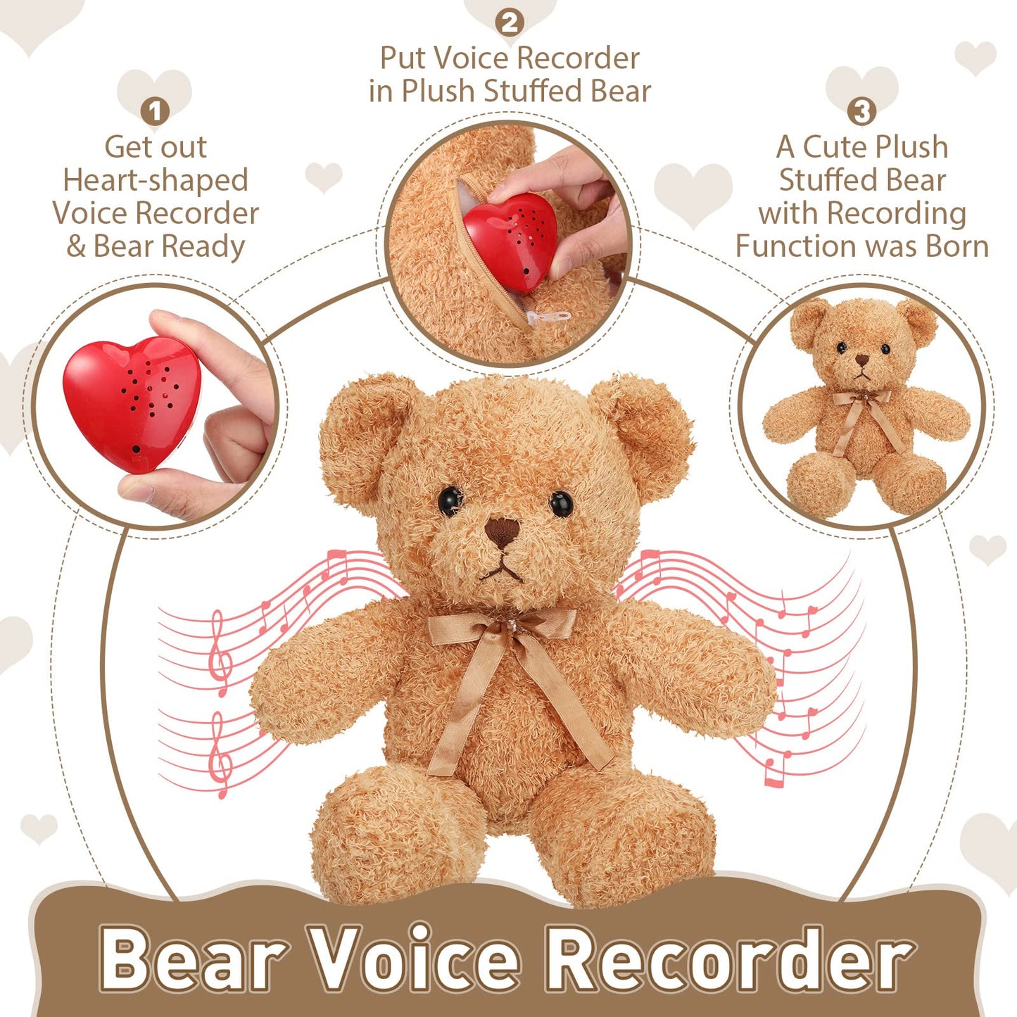 Hungdao Bear Stuffed Animal With Voice Recorder Set, 60 Seconds Heart Shaped Voice Sound Recorder Module 16 Inch Soft Plush Bear With Zipper For Boy Girl Valentines Day(Light Brown)