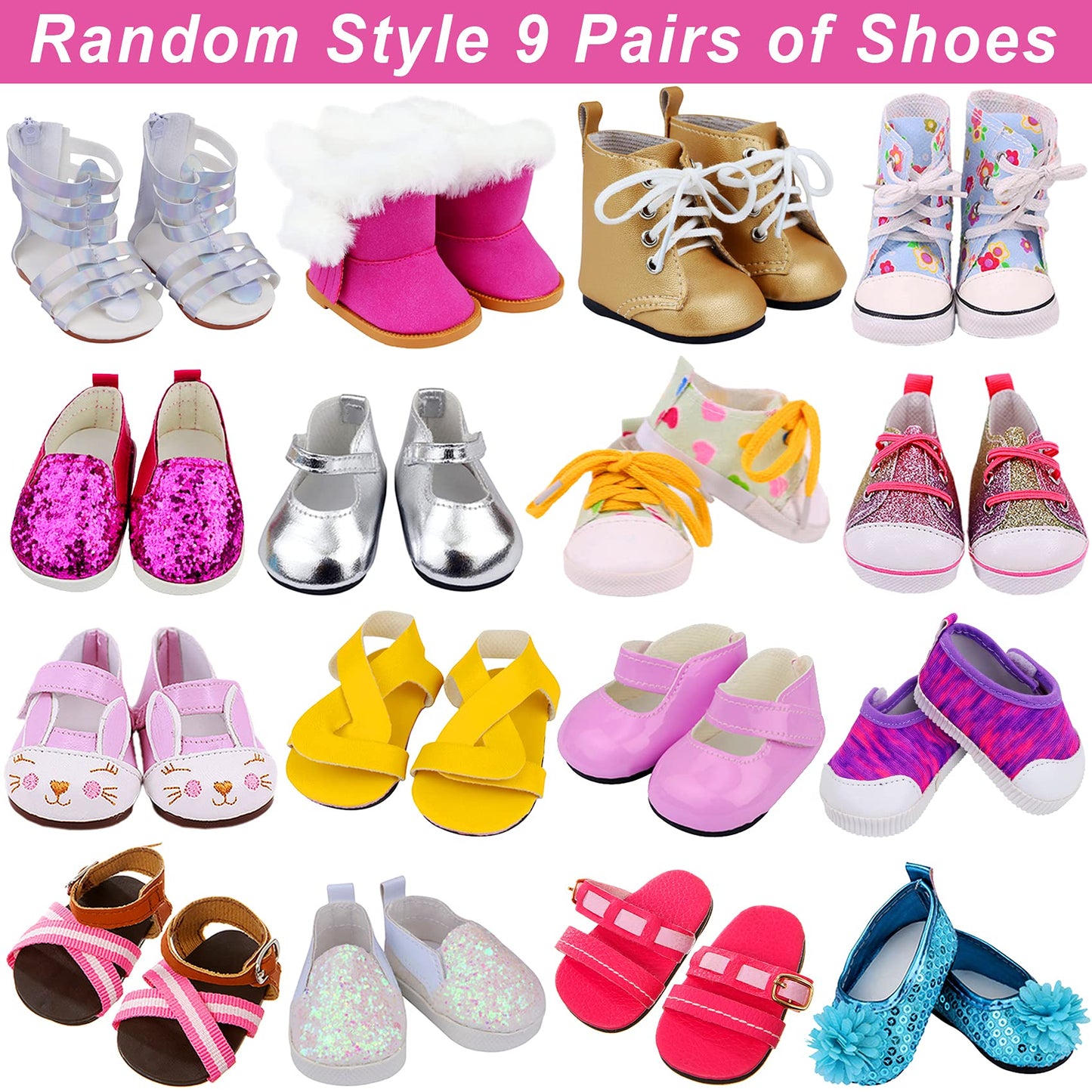 Ecore Fun 18 Inch Girl Doll Accessories Includes Random Style 9 Pairs Of Shoes Fit For 18 Inch Girl Doll Shoes Including Snow Boots, Leather Shoes, Sandals, Slipper