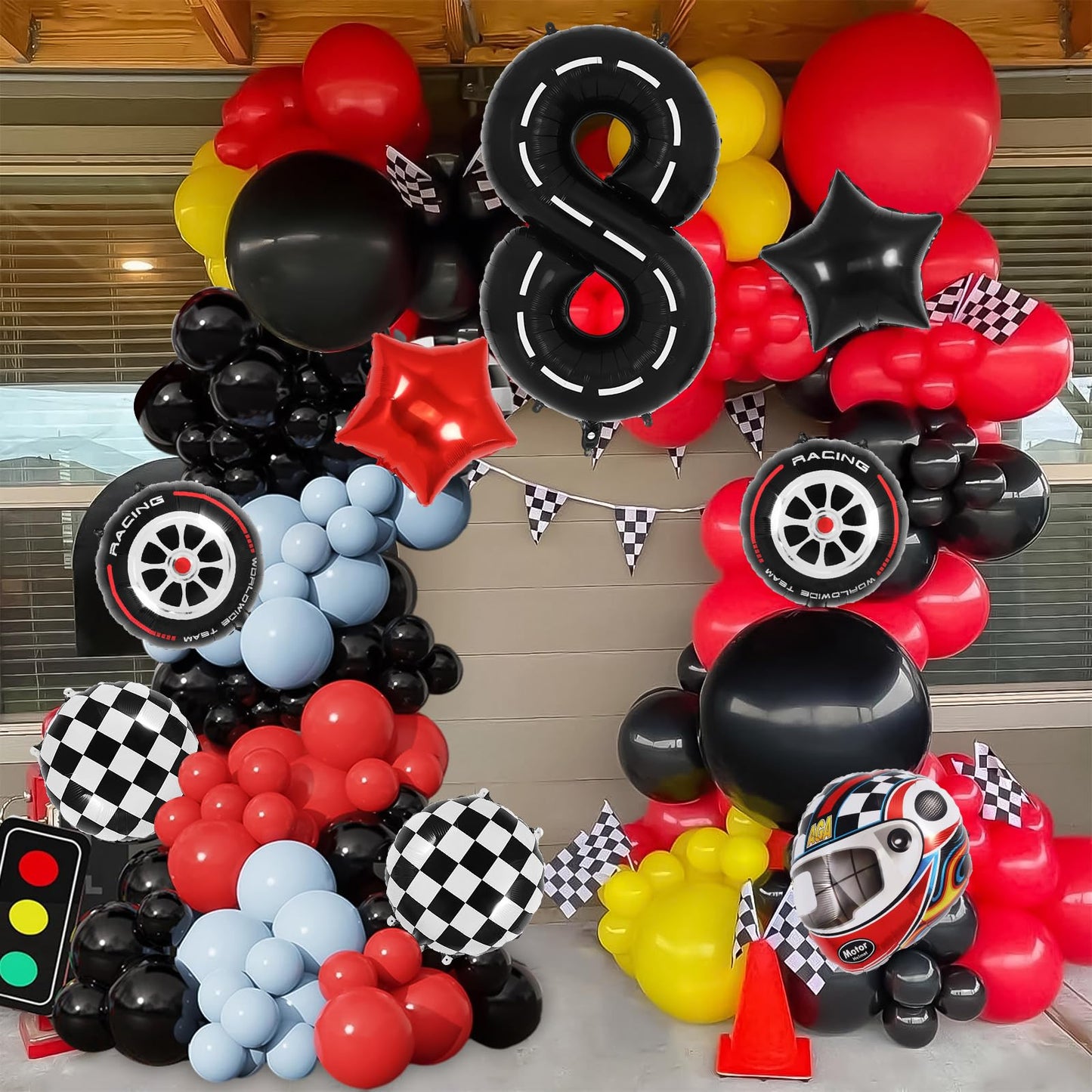 Race Car 8 Balloons, 40 Inch Racetrack Number 8 Balloon, Large Foil Mylar Racetrack Black 8 Balloon For 8 Year Old Birthday Race