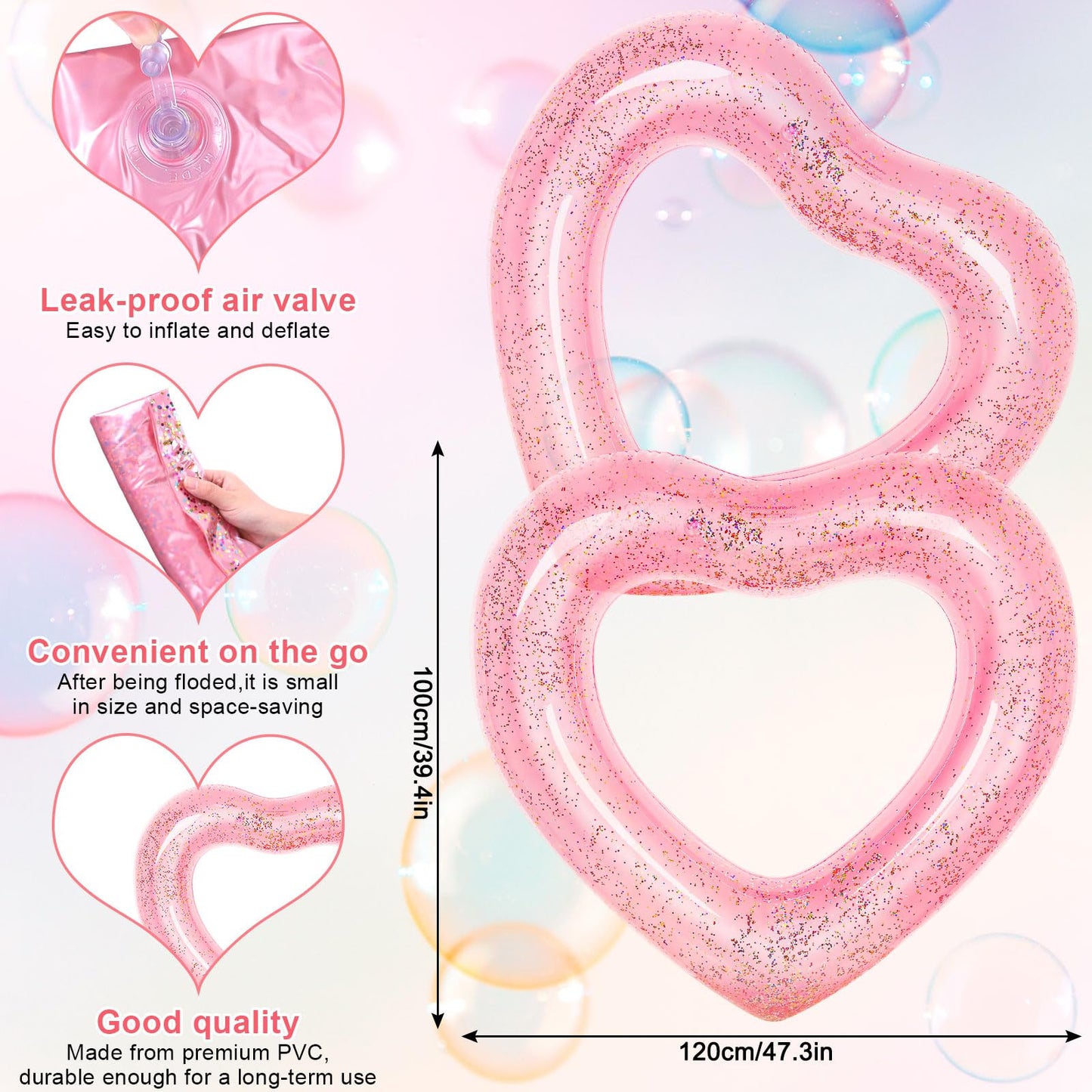 Whaline 3Pcs Inflatable Heart Pool Float With Glitter Inside Rose Gold Pink White Swim Heart Shaped Pool Rings Float Loungers Tube For Summer Swimming Pool Beach Bachelorette Party, 47.3 X 39.4 Inch
