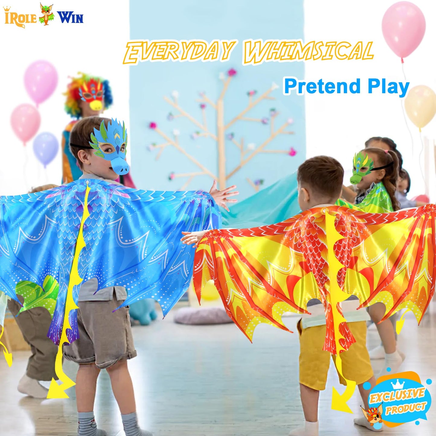 Irolewin Dinosaur-Dragon-Wings-Costume Mask For Toddler Kids Dino Dress Up Boys Girls Halloween Pretend Play Party Favors