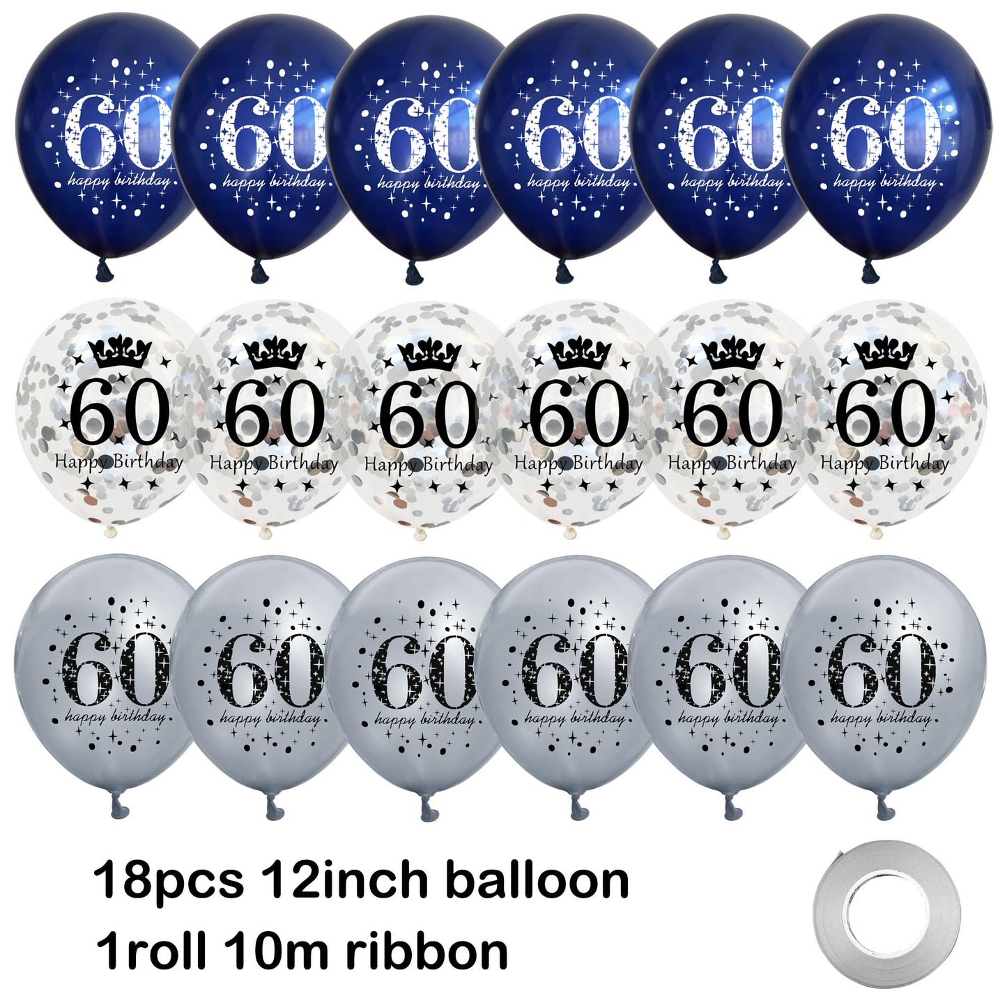 UniBirthLon 18pc Happy Birthday Balloons Set - Navy Blue & Silver, Confetti & Latex for 60th Birthday Decorations