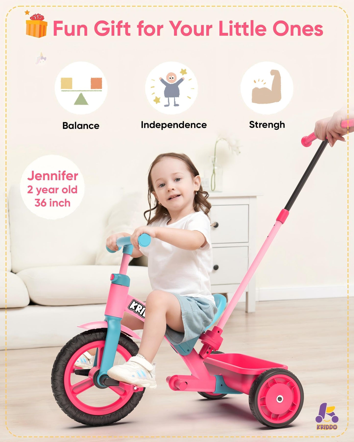 KRIDDO 3-in-1 Toddler Tricycle for Kids 18 Months to 3 Years, Tricycle for 2 Years with Parent Steering, Extra Wide Seat, Large