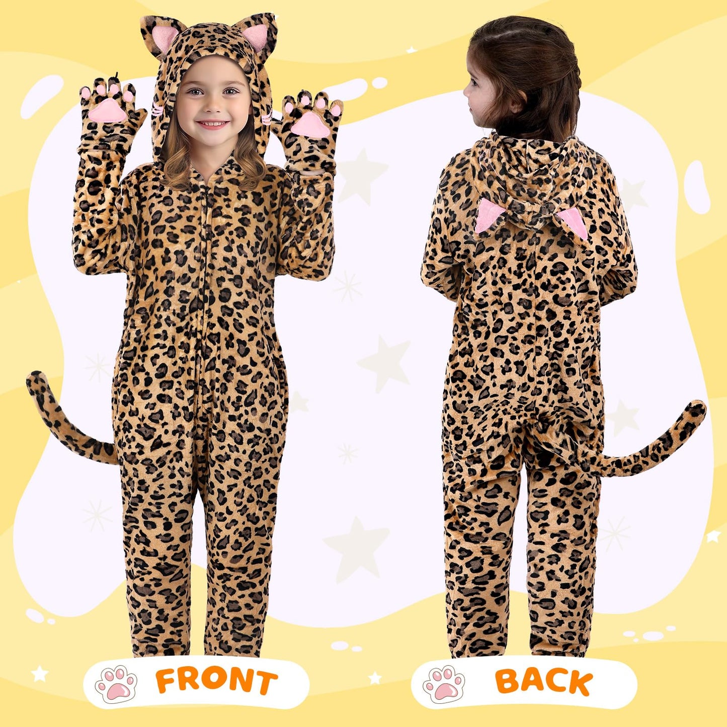Giftinbox Cheetah Costume Kids, Zip-Up Hooded Onesie Cheetah Girls Costume, Cat Costume For Girls Dress Up, Halloween Animal Costumes For Kids 5 6 7 8 9 10