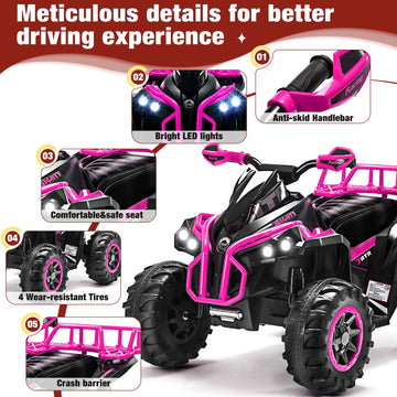 Soar Four Wheeler For Kids - Electirc Toddler 4 Wheeler For Kids 3-6, Ride On Atv 12V Battery Powered, Kids Quad With Led Lights, Music, High Low Speed, Usb/Tf, Treaded Tires, Pink