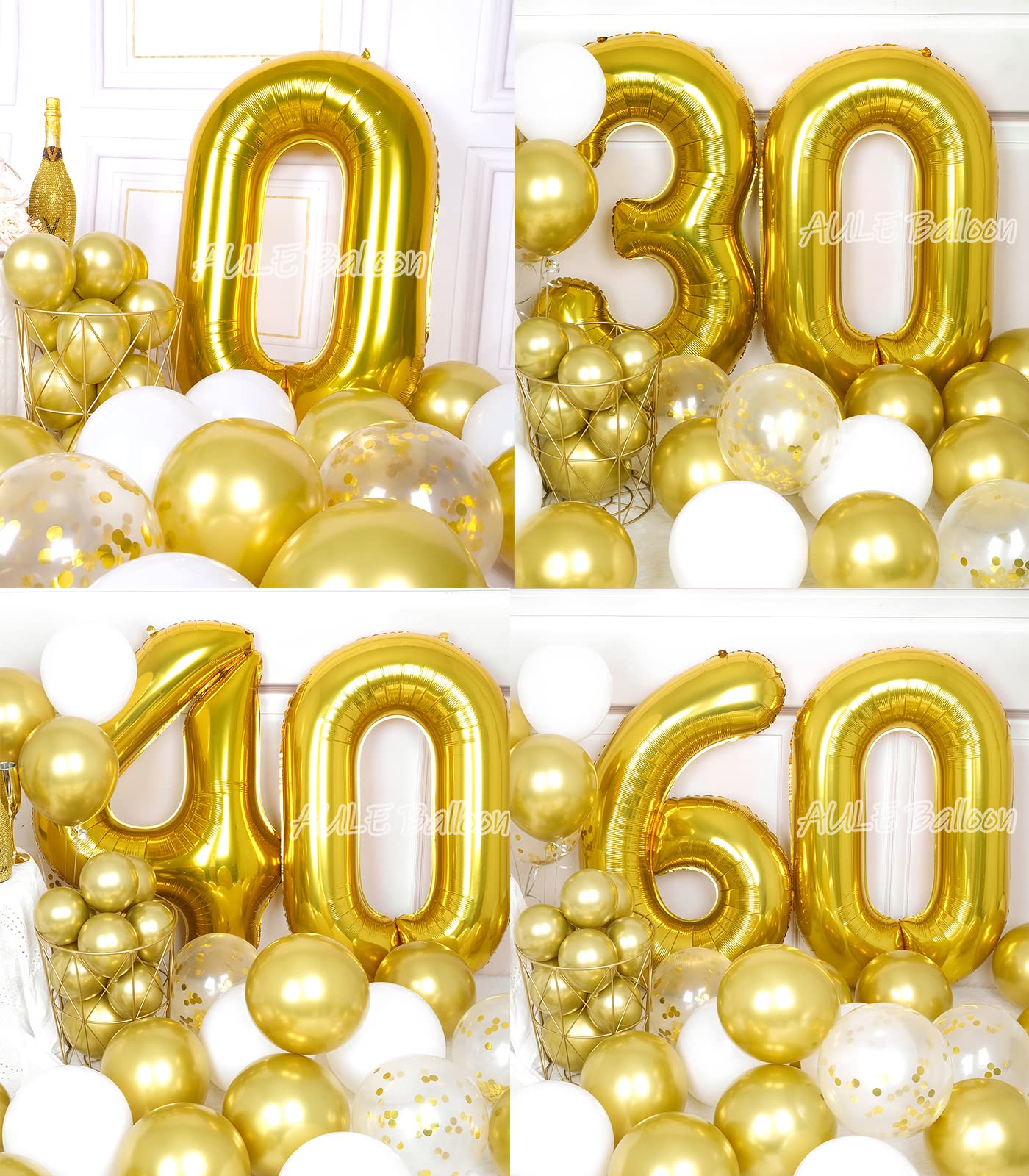 Aule 40 Inch Big Gold 0 Balloon Number Large Foil Helium Number Balloons 0-9 Jumbo Giant Happy 0Th Birthday Party Decorations Fo
