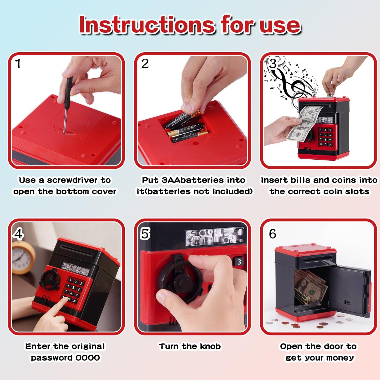 Evthsu Red Electronic Atm Safe Piggy Bank For Kids - Real Money Savings Coin Bank With Code Lock & Password, Gift Money Box For