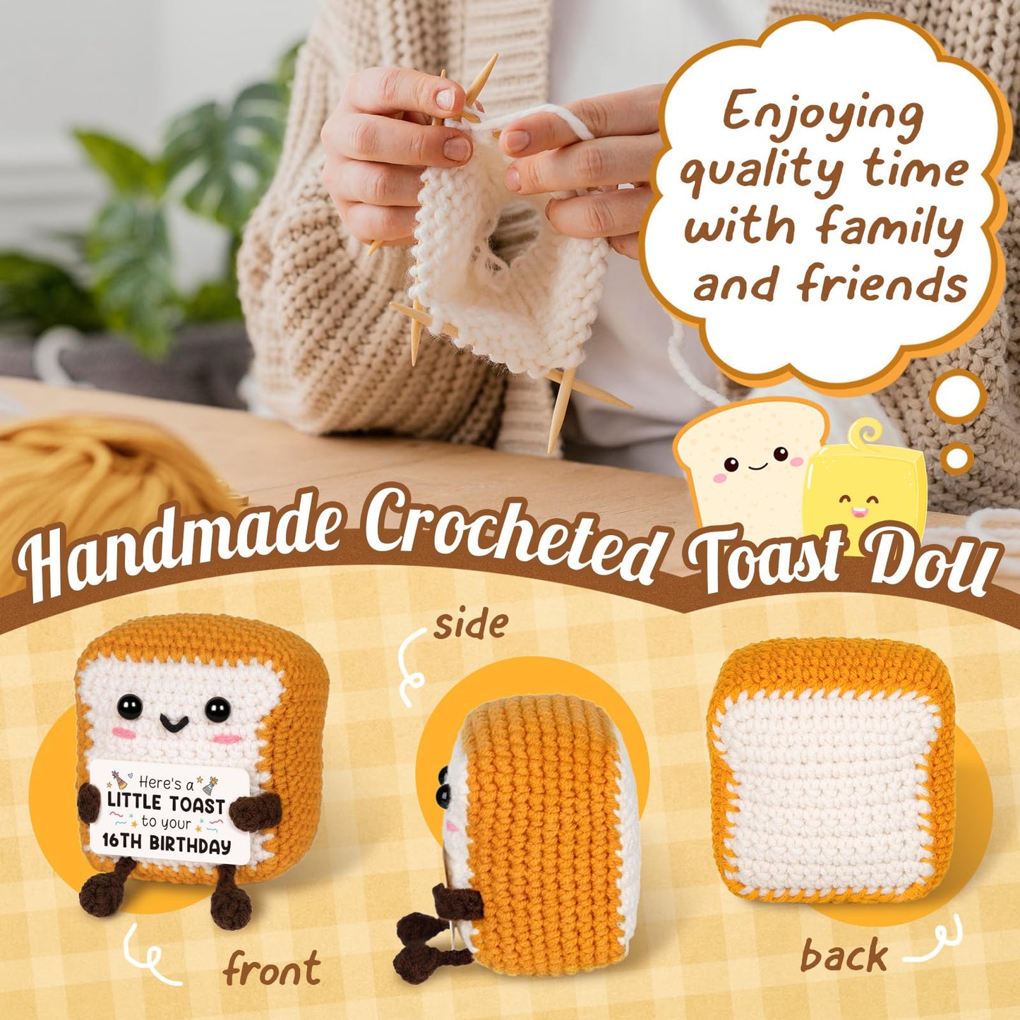 Glydein 16th Birthday Gifts for Girls Boys, Cute Handmade Crochet Toast Decors with 16th Bday Card, Unique Birthday Gifts for Te