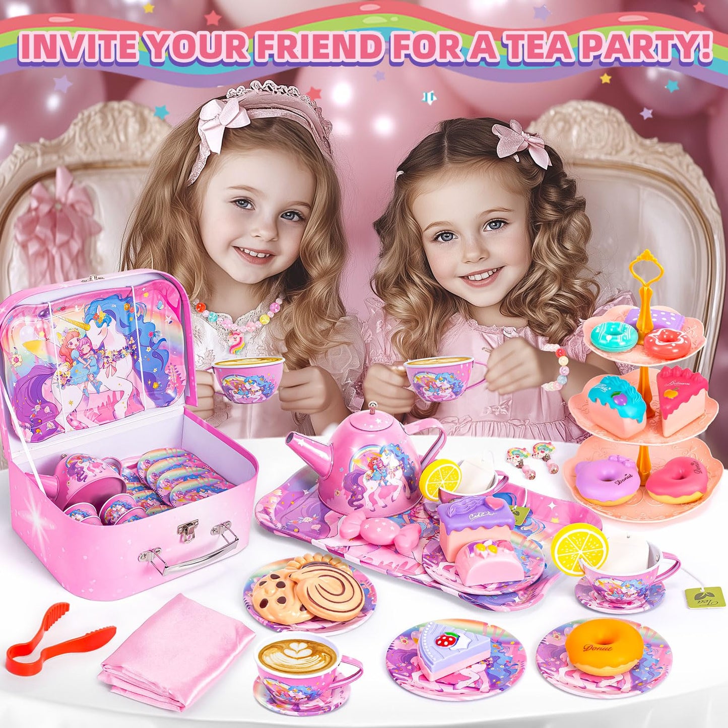 Unicorn Tea Party Set for Little Girls, Toddler Princess Toy Tea Set, Pretend Play Teapot Dessert Tea Cup Set Food Kitchen Plays