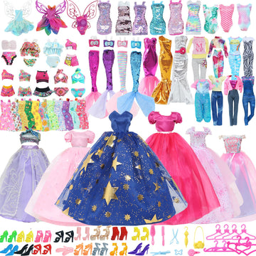 60Pcs Doll Clothes And Accessories Fashion Dress Wedding Gowns, Daily Tops Pants Outfits Jumpsuit Swimsuits Bikini, 10 Mini Dres