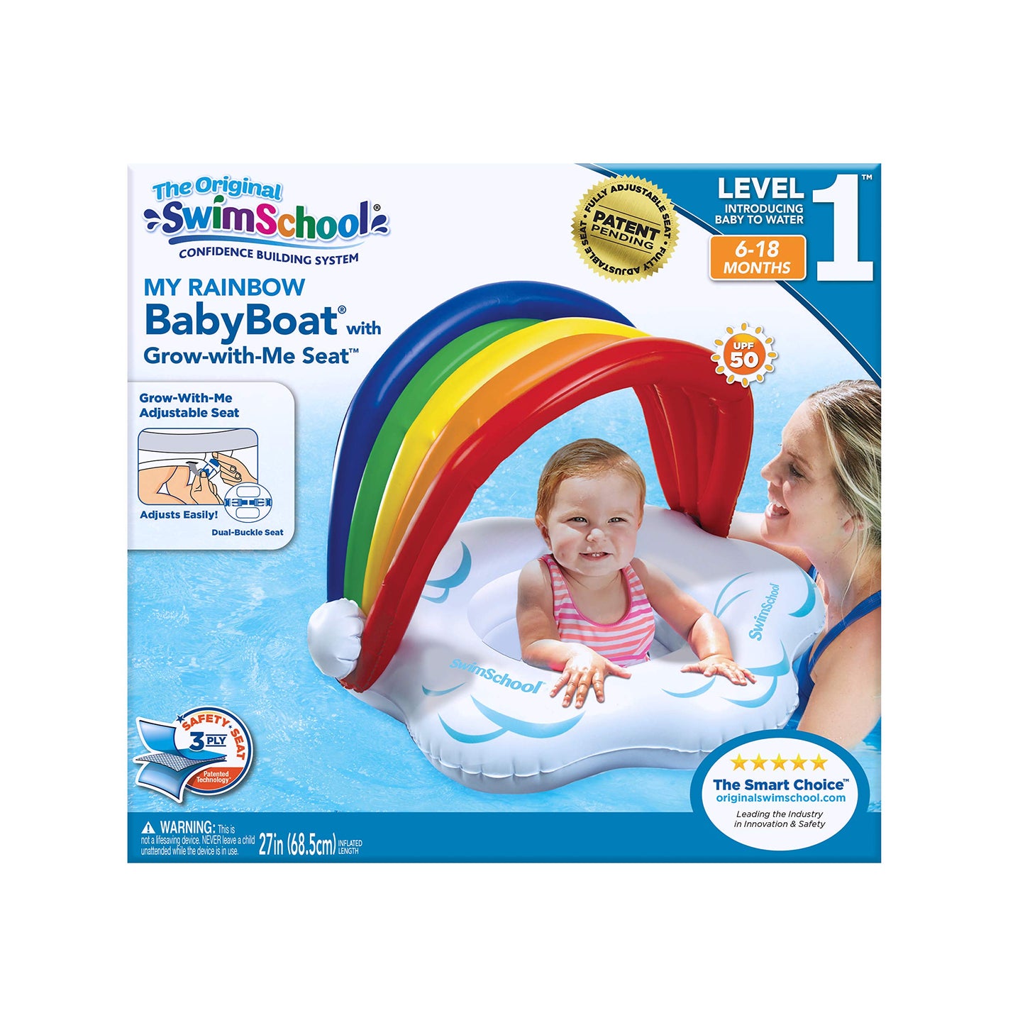 Swimschool Rainbow Babys First Pool Float - 6-18 Months - Novelty Baby Boat With Adjustable Seat - Rainbow
