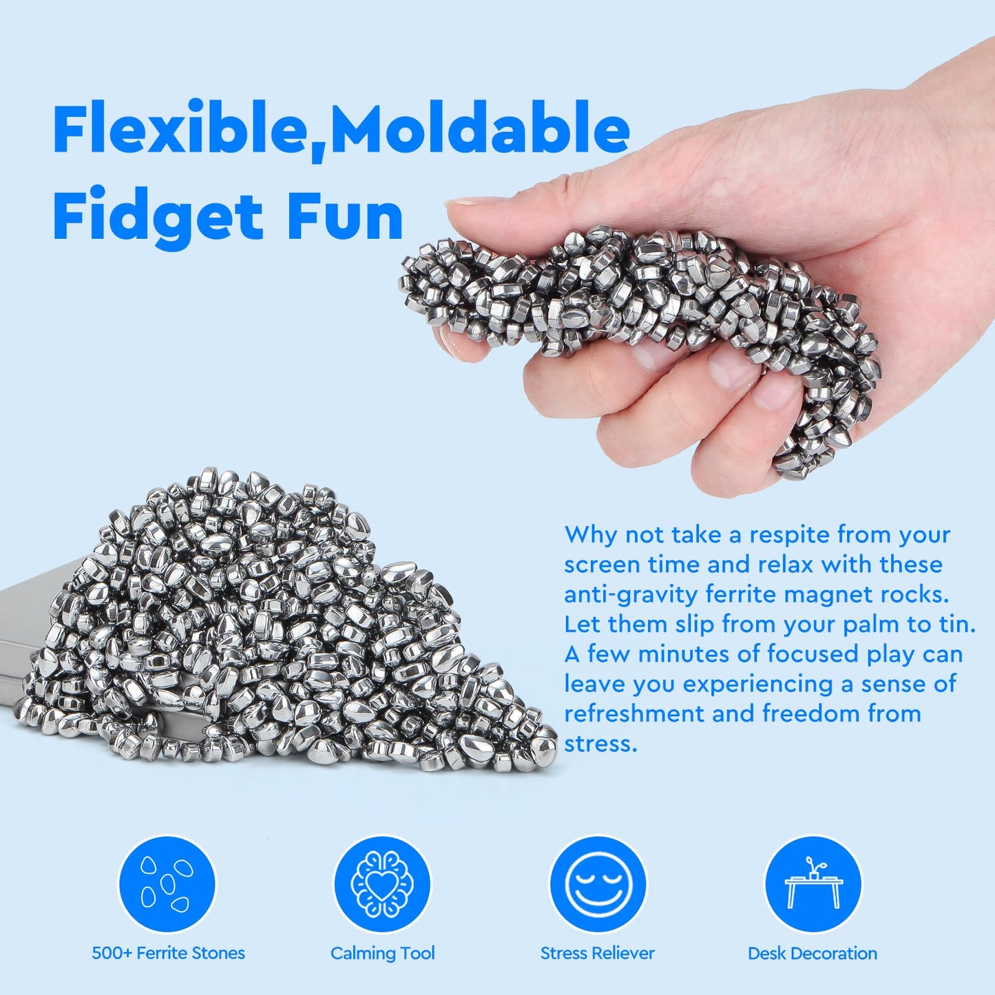 GIMOBOTE Original 500+ Ferrite Putty Silver, Fidget Toy Ferrite Rocks for Stress Relief, Sensory Toy for Adults & Teens 14+, Fer
