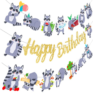 Raccoon Birthday Party Banners 3Pcs Gold Glitter Happy Birthday Decorations Woodland Themed Forest Animal Baby Shower Supplies
