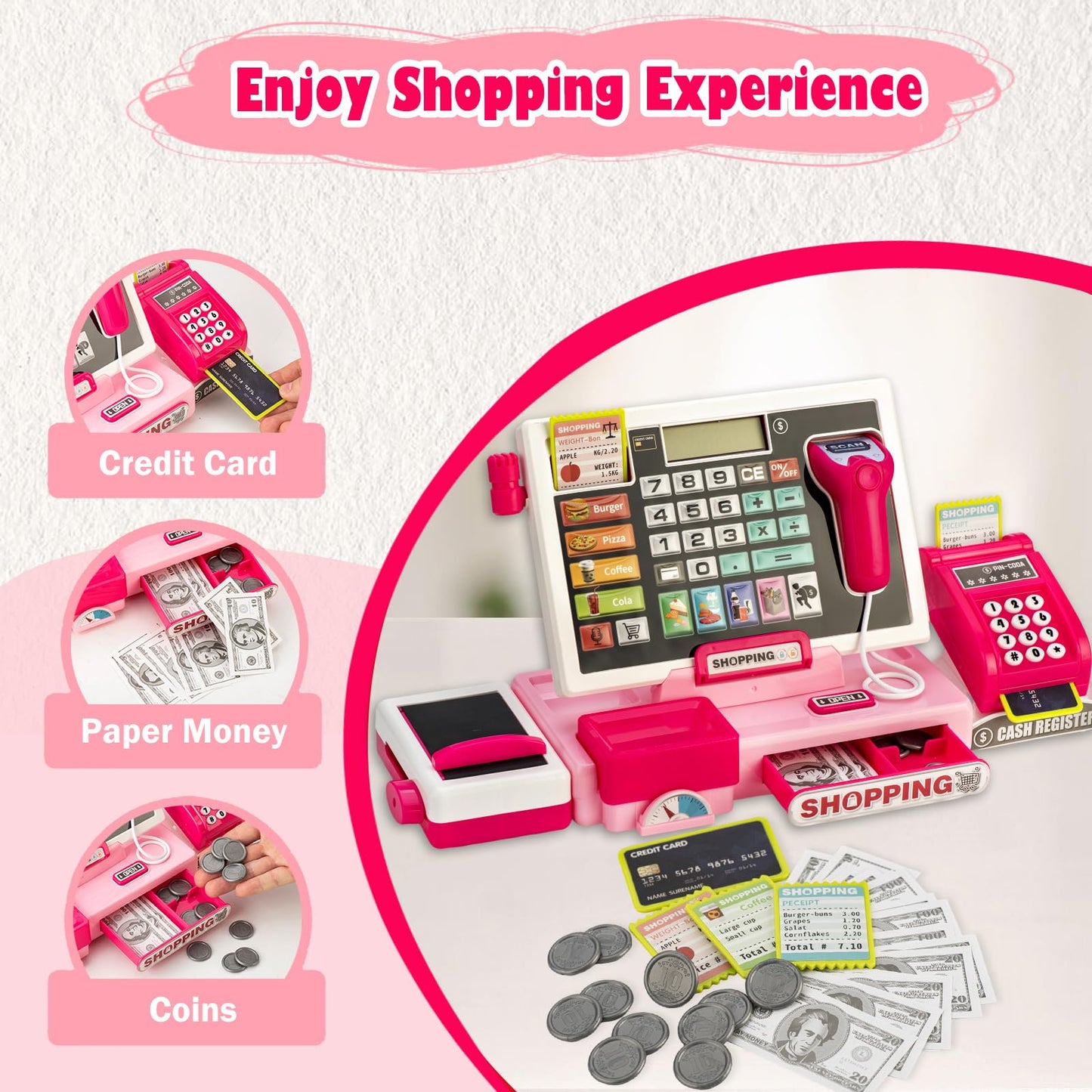 Kids Cash Register Toy with Shopping Cart Toddler Pretend Play Store Cashier Register for Kids with Music / Real Calculator / Sc